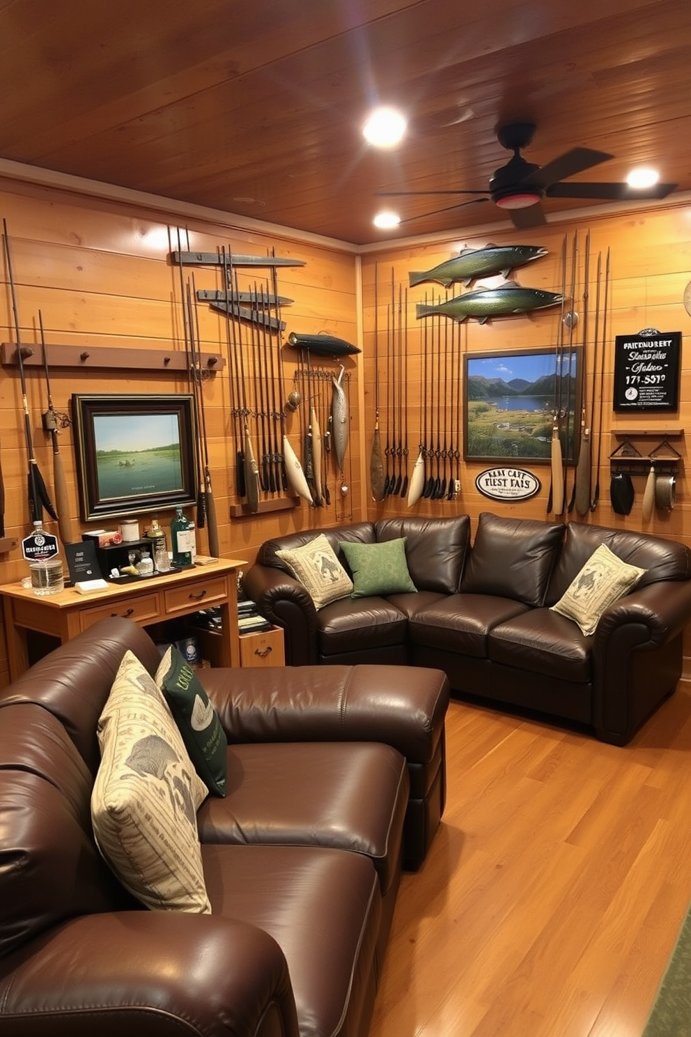 A cozy man cave featuring vintage fishing rods displayed as decor accents. The walls are adorned with rustic wood paneling, and a large leather sectional sofa invites relaxation. In one corner, a wooden bar cart holds an assortment of fishing-themed memorabilia. The lighting is warm and ambient, creating a welcoming atmosphere for friends to gather and share stories.