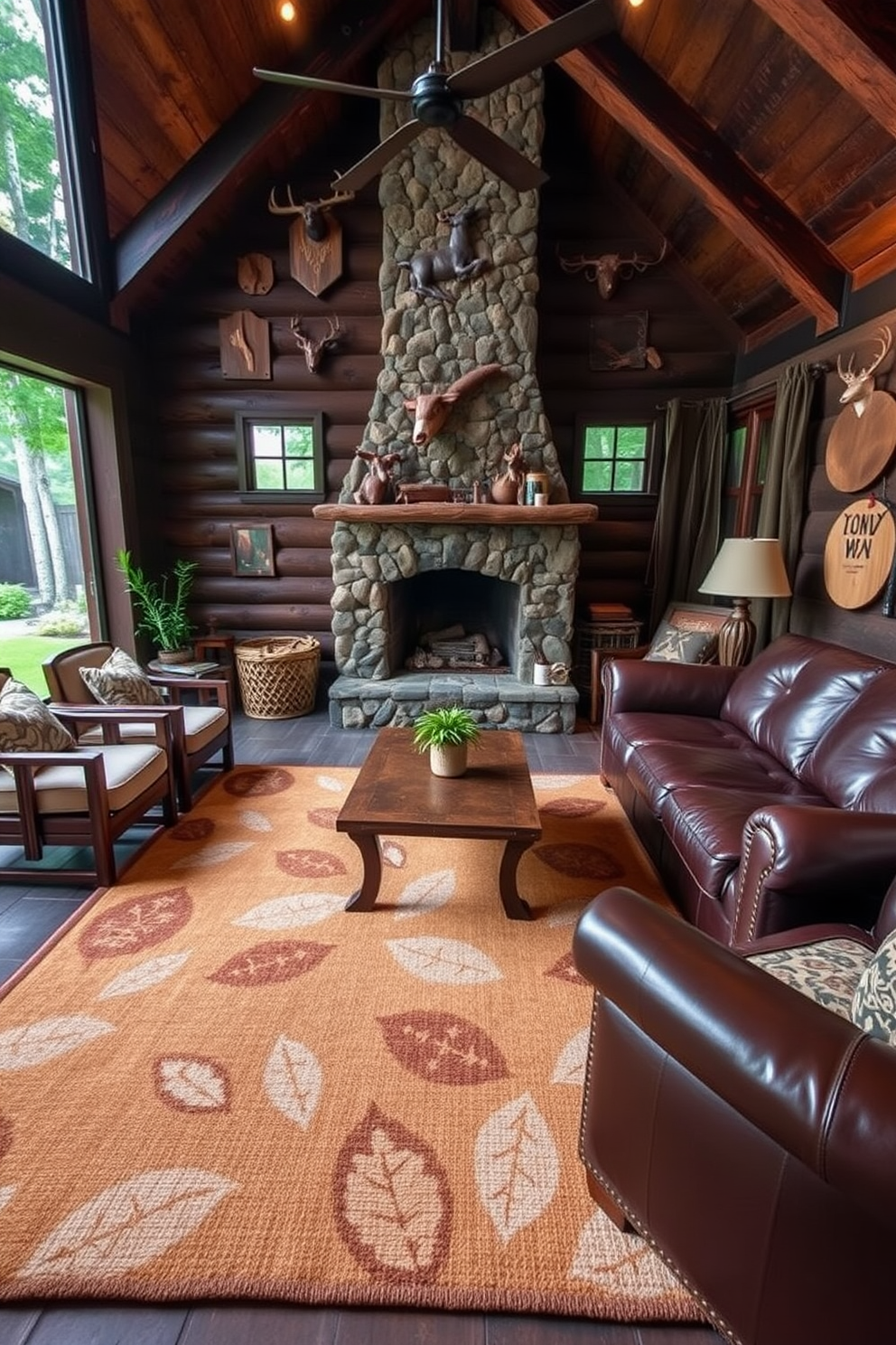 A cozy outdoor-themed area features a large area rug made from natural fibers with a leaf pattern that blends seamlessly with the surrounding greenery. The rug is placed under a rustic wooden coffee table surrounded by comfortable seating, creating an inviting space for relaxation. The hunting man cave is designed with dark wood paneling and vintage hunting memorabilia adorning the walls. A plush leather sofa faces a stone fireplace, while a large area rug with earthy tones anchors the seating area, providing warmth and comfort for gatherings.