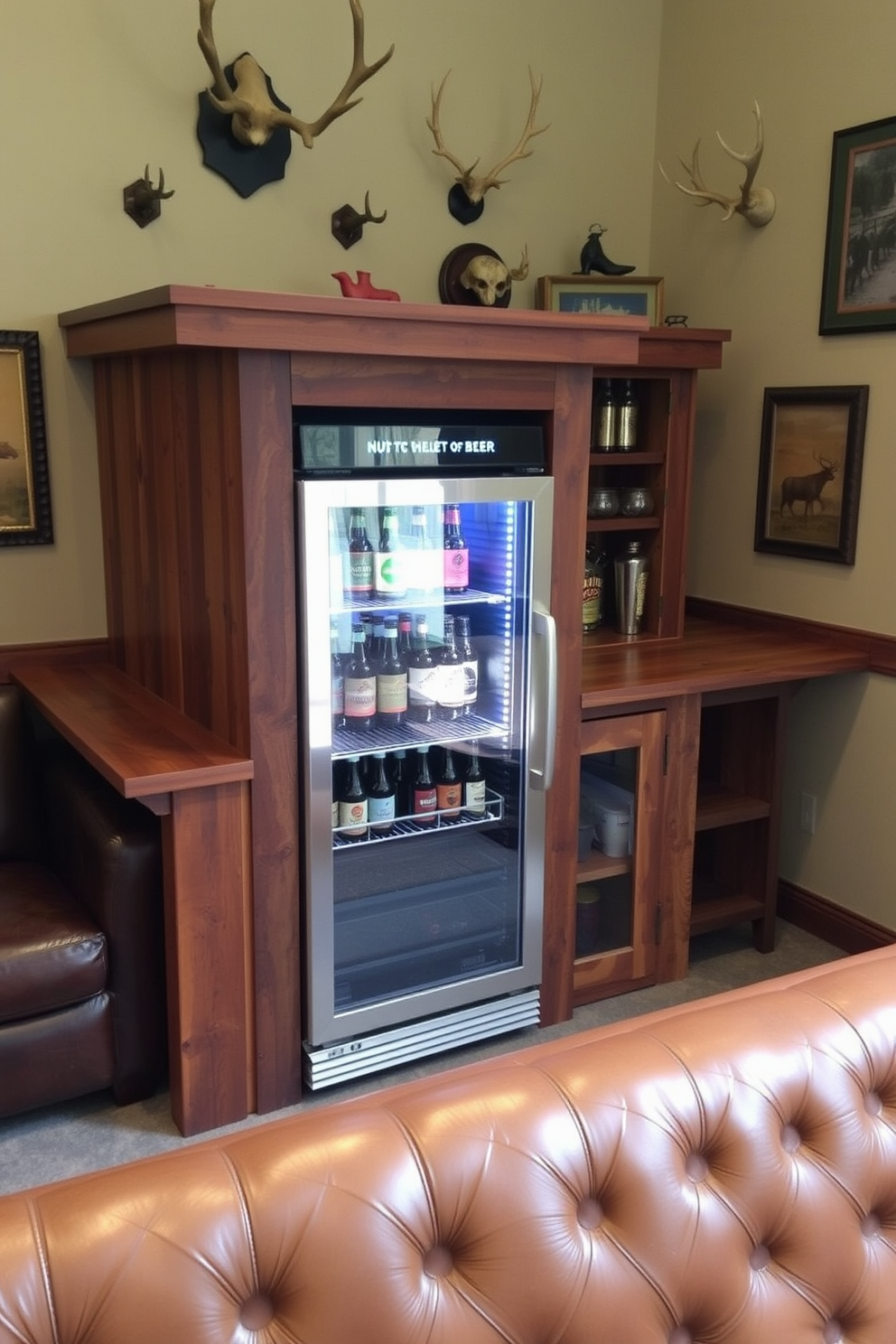 A rustic beer fridge is integrated into a wooden bar cabinet, crafted from reclaimed barn wood. The fridge features a glass door, showcasing a variety of craft beers, and is accompanied by a polished countertop for serving drinks. The walls are adorned with hunting-themed decor, including mounted antlers and vintage hunting prints. Comfortable leather seating surrounds the bar area, creating a cozy atmosphere perfect for entertaining friends.