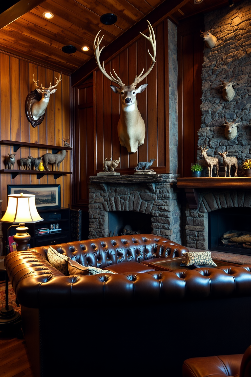 A striking man cave featuring bold taxidermy pieces that serve as conversation starters. The walls are adorned with rich wood paneling, and a plush leather sofa is positioned in front of a rustic stone fireplace. A large mounted deer head dominates one wall, while smaller taxidermy animals are artfully arranged on shelves. The lighting is warm and inviting, with vintage-style lamps casting a soft glow over the space.