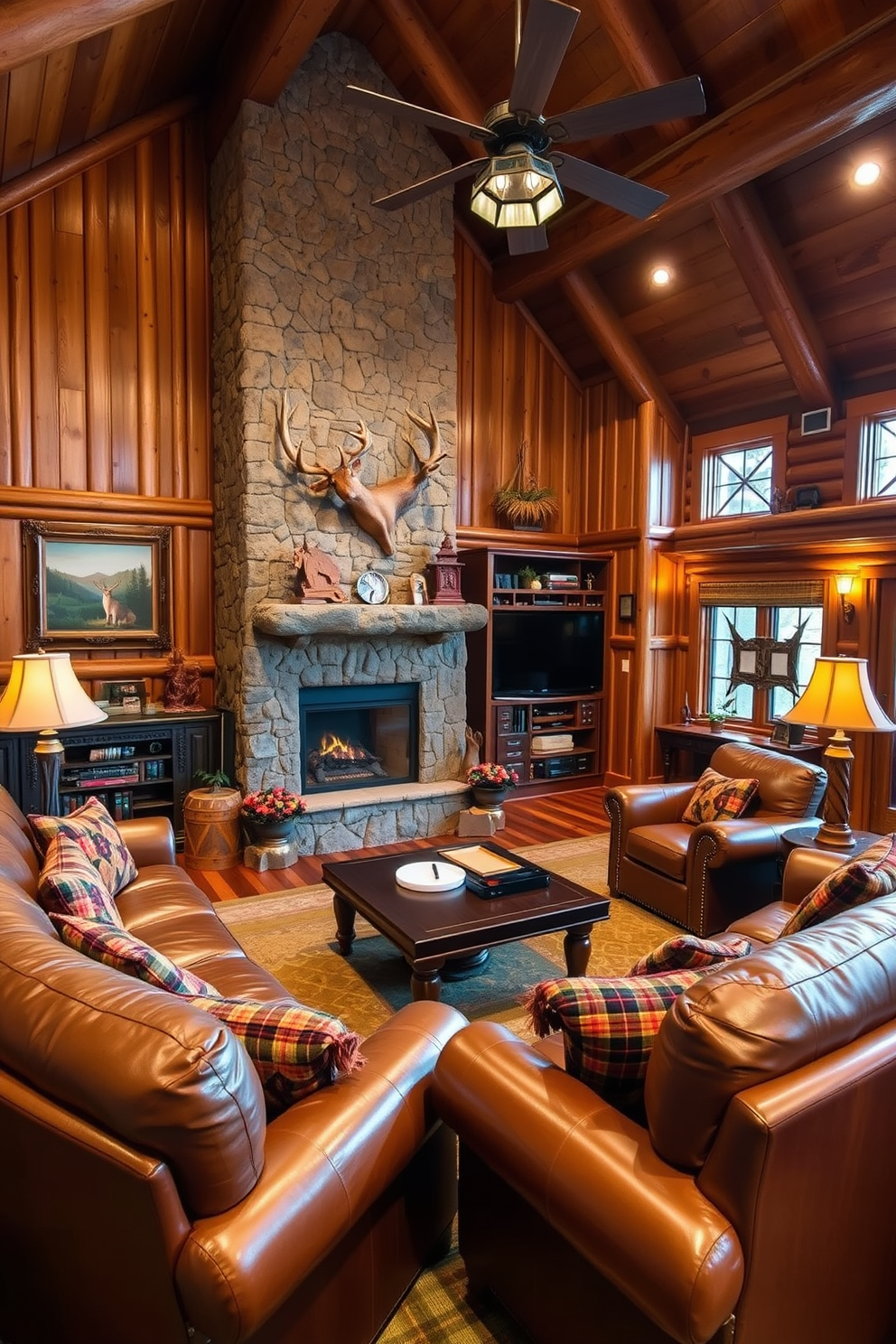 A cozy hunting lodge style room featuring rich wood paneling and plaid fabrics in earthy tones. A large stone fireplace serves as the focal point, surrounded by comfortable leather seating and rustic decor. The man cave design incorporates a mix of vintage hunting memorabilia and modern entertainment systems. Plush seating arrangements invite relaxation, while warm lighting creates an inviting atmosphere perfect for gatherings.