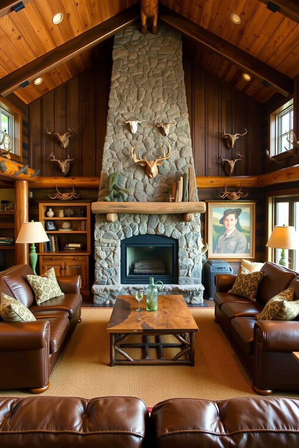 A cozy hunting man cave featuring natural wood furniture that exudes warmth and comfort. The space is adorned with rustic accents like antler decorations and leather seating, creating an inviting atmosphere for relaxation and camaraderie. The walls are lined with dark wood paneling, enhancing the rustic charm of the room. A large stone fireplace serves as the focal point, surrounded by plush seating and a handcrafted wooden coffee table.