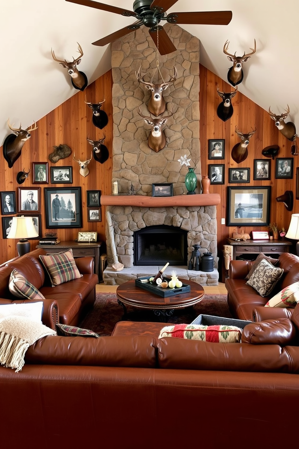 A rustic man cave featuring vintage hunting trophies as wall decor. The walls are adorned with various mounted deer heads and framed photographs of past hunting trips, creating a warm and inviting atmosphere. The room includes a large leather sofa and a rugged wooden coffee table, perfect for entertaining friends. A stone fireplace serves as the focal point, surrounded by comfortable seating and rustic accents.