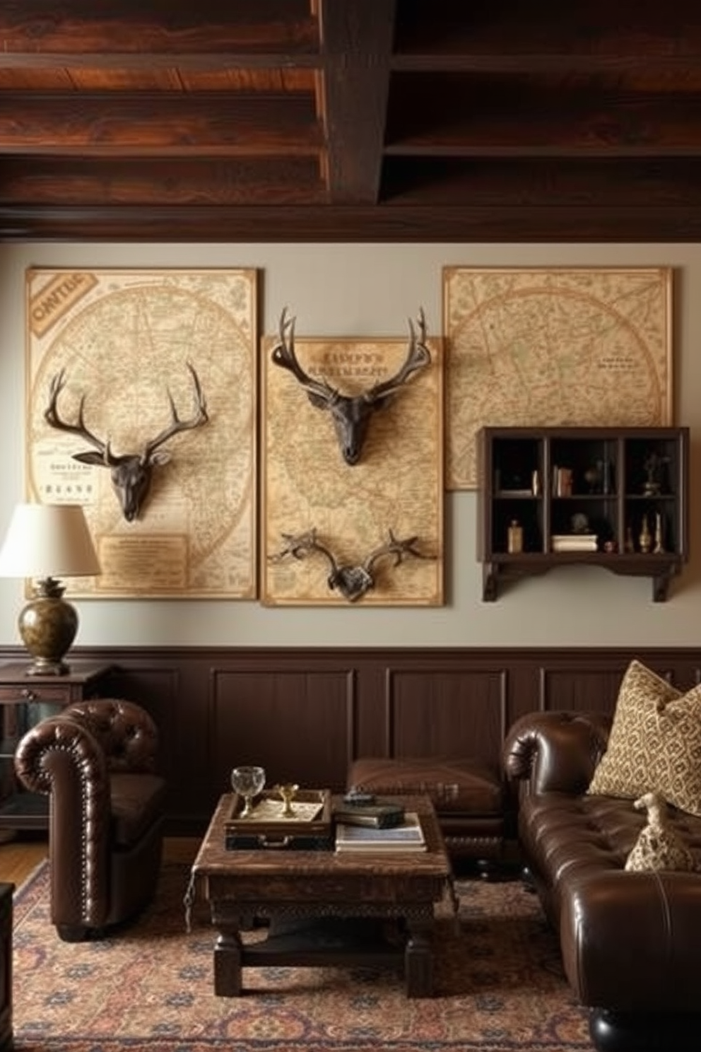 Old maps serve as captivating wall art accents, adding a touch of history and adventure to the space. The rich textures and muted colors of the maps complement the rustic elements of a hunting man cave. Incorporate dark wood paneling and leather furniture to create a warm and inviting atmosphere. Vintage hunting trophies and rustic decor pieces enhance the theme, making the space feel authentic and personalized.