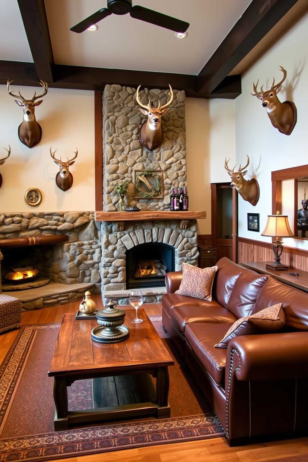 A rustic man cave featuring mounted deer heads on the walls adds a classic touch to the space. The room is furnished with a large leather sofa, a wooden coffee table, and a stone fireplace, creating a cozy atmosphere for relaxation and entertainment.