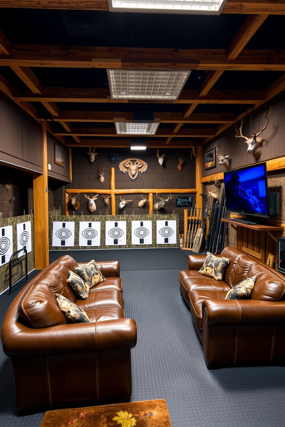 A shooting range area designed for practice features a spacious layout with soundproof walls and high-quality lighting. The floor is covered with durable rubber flooring, and targets are strategically placed for optimal shooting practice. The man cave incorporates hunting themes with rustic decor, including wooden beams and camouflage accents. A large leather sofa faces a mounted television, while hunting trophies adorn the walls, creating a cozy yet adventurous atmosphere.