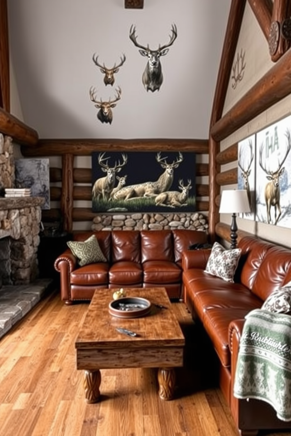 A rustic man cave featuring game animal prints on canvas adorning the walls. The space includes a large leather sofa, a wooden coffee table, and a stone fireplace that adds warmth and character.