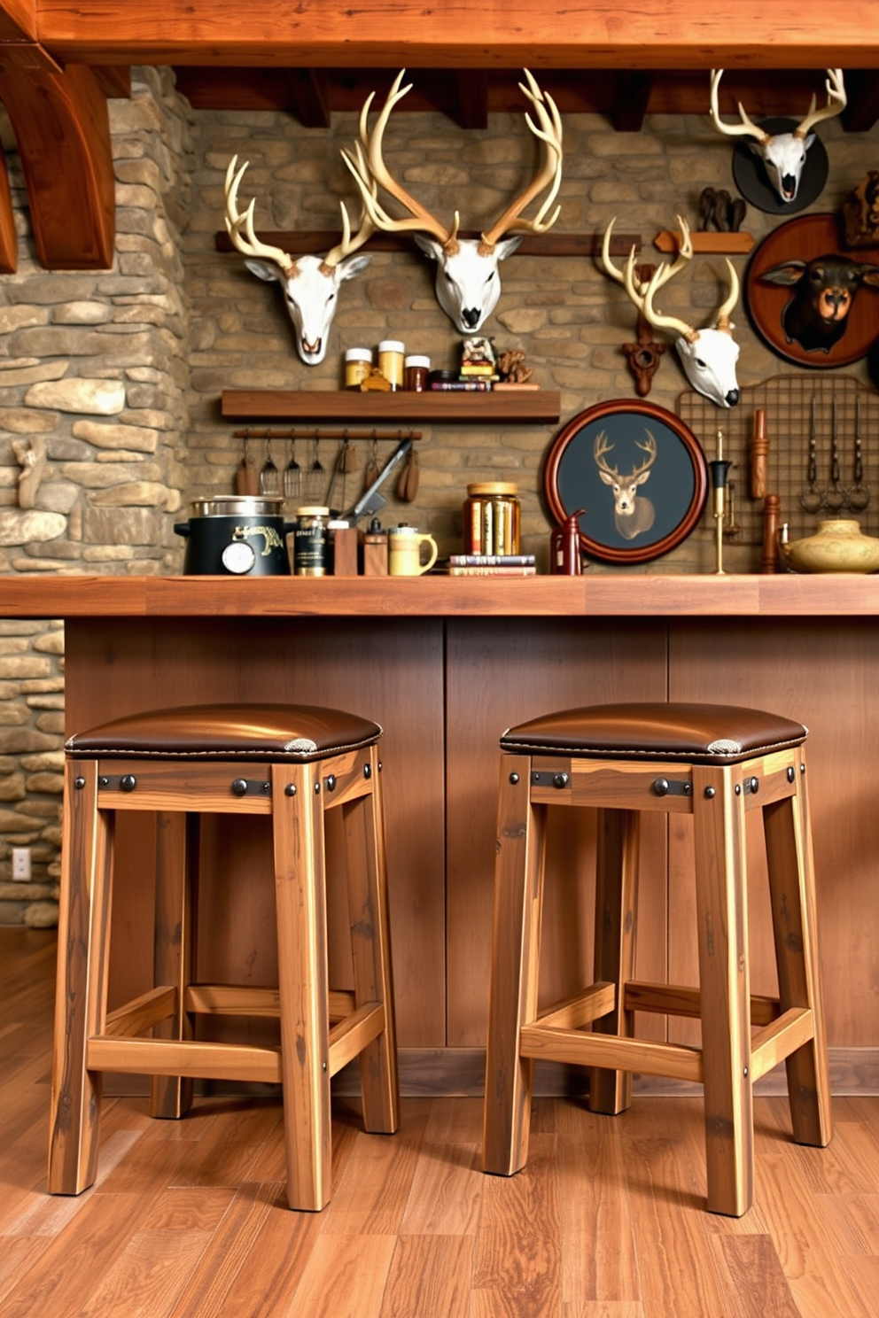 Rustic bar stools made of reclaimed wood with a distressed finish. They feature comfortable, padded seats and sturdy legs, perfect for a cozy atmosphere. The hunting man cave design incorporates natural elements like stone walls and wooden beams. Wall-mounted deer antlers and vintage hunting memorabilia create an authentic and inviting space.