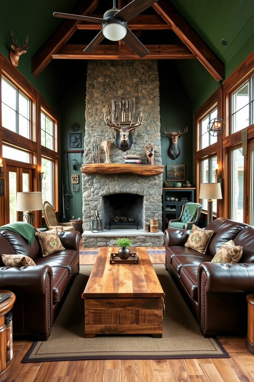 A cozy man cave designed with an outdoor-inspired color palette featuring various shades of green. The space includes rustic wooden furniture, a stone fireplace, and large windows that bring in natural light, creating a warm and inviting atmosphere. The walls are adorned with hunting-themed decor, including mounted trophies and vintage hunting gear. Comfortable leather seating is arranged around a coffee table made from reclaimed wood, perfect for enjoying time with friends or relaxing alone.