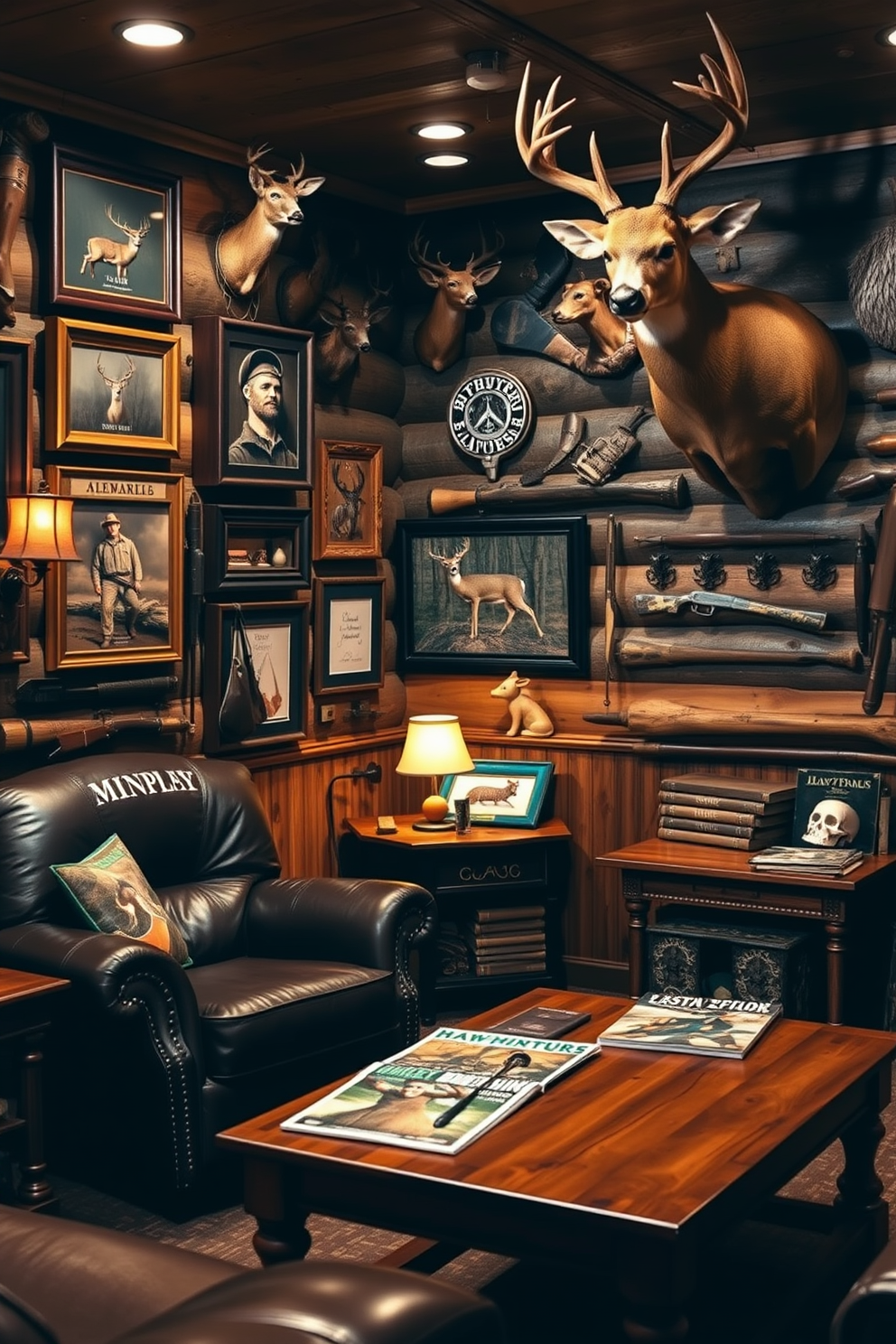 A cozy man cave featuring personalized hunting memorabilia on the walls. The decor includes framed trophies, vintage hunting gear, and rustic wood accents that create a warm atmosphere. In one corner, a comfortable leather recliner sits next to a wooden coffee table adorned with hunting magazines. Soft lighting fixtures enhance the ambiance, while a large mounted deer head serves as a striking focal point.