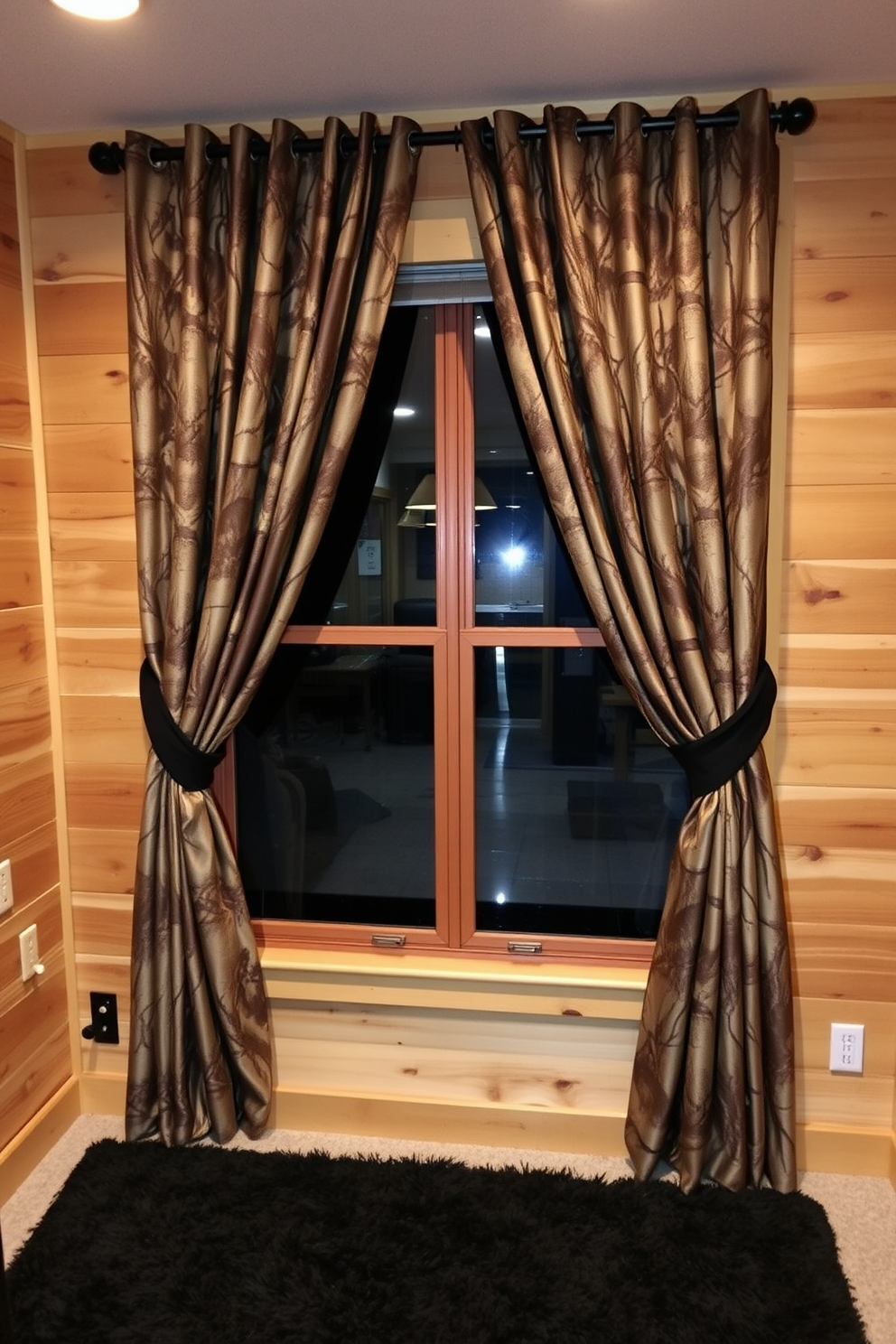 A cozy man cave featuring camo curtains elegantly framing a large window. The walls are adorned with rustic wooden paneling, and the floor is covered with a plush, dark rug for added comfort.