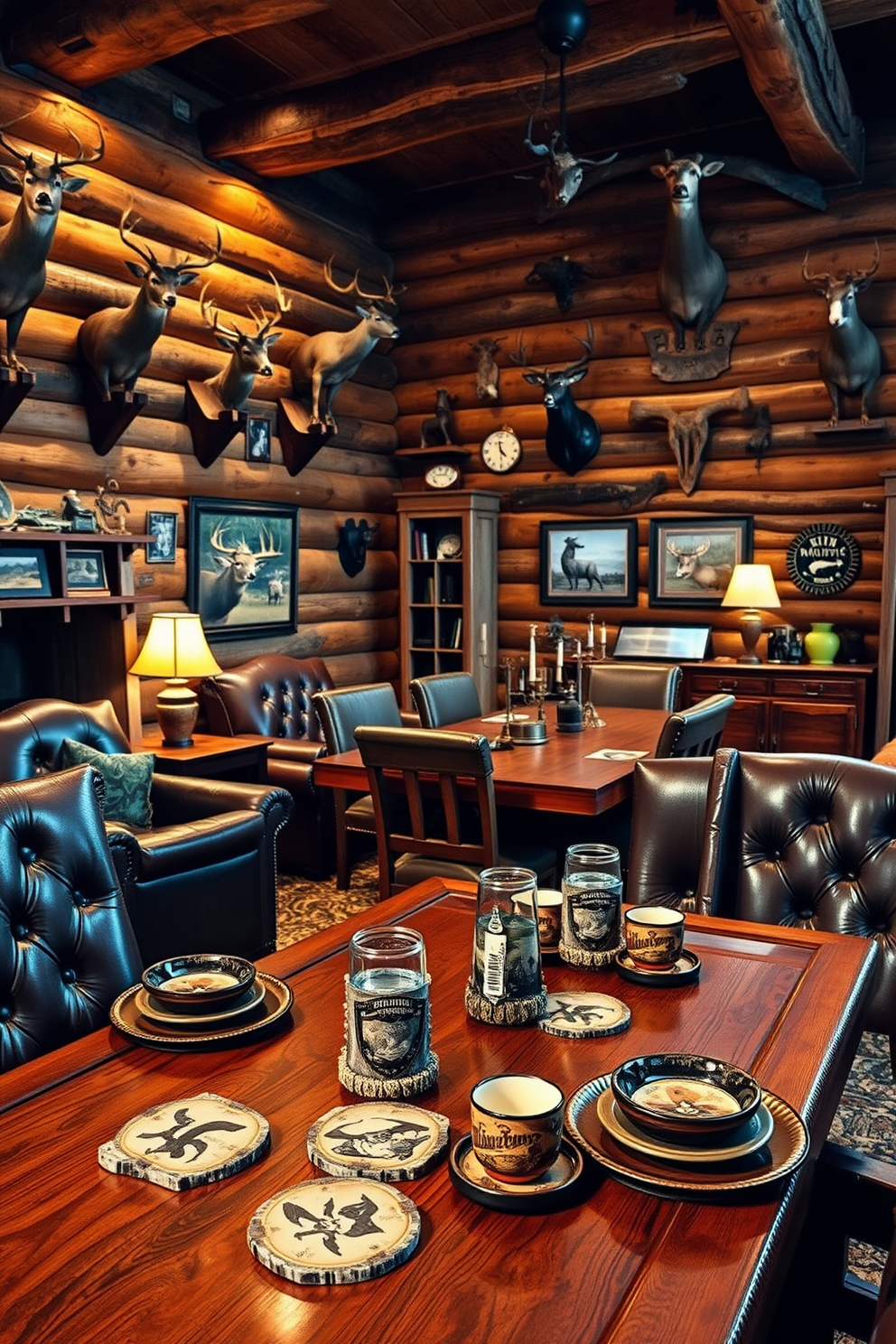 A rustic man cave featuring hunting-themed coasters and tableware. The space is adorned with wooden furniture, including a large dining table surrounded by comfortable leather chairs. On the walls, there are mounted trophies and hunting memorabilia that reflect a love for the outdoors. Warm lighting creates an inviting atmosphere, enhancing the rich textures of the wood and leather throughout the room.