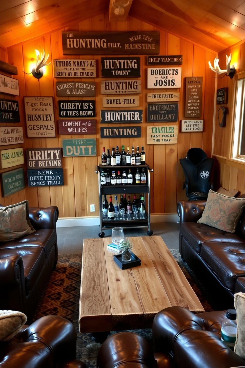 A cozy man cave featuring wooden signs adorned with various hunting quotes. The walls are lined with rustic wood paneling, and comfortable leather seating is arranged around a central coffee table made from reclaimed wood. In one corner, a vintage hunting-themed bar cart displays an array of spirits and glassware. The lighting is warm and inviting, with antler-shaped sconces casting a soft glow throughout the space.