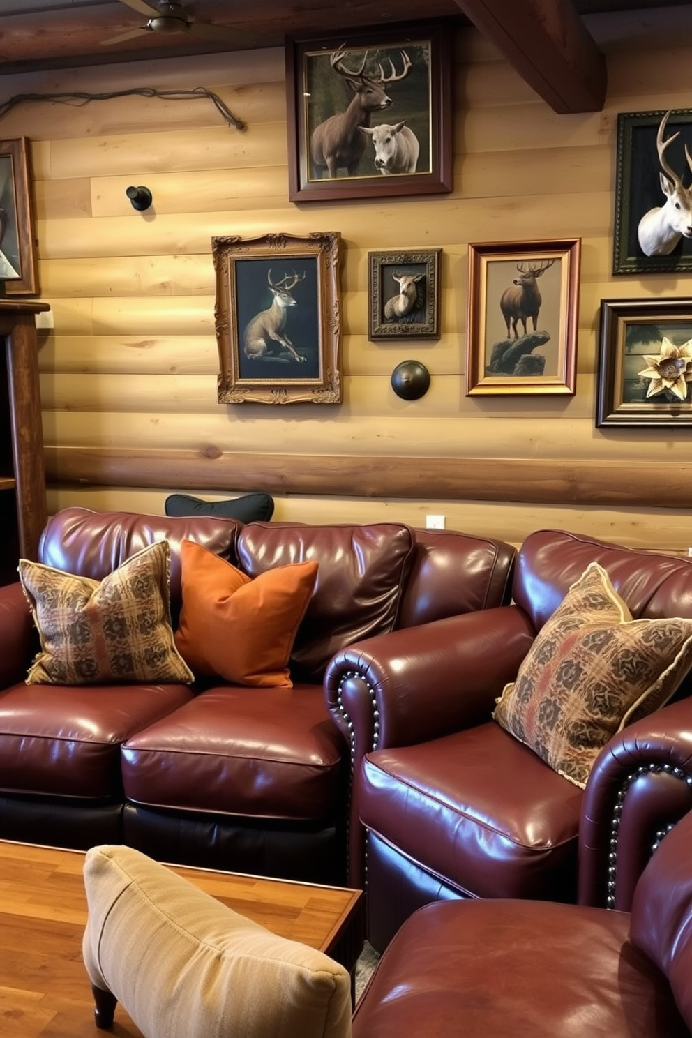 A cozy man cave featuring comfortable leather seating adorned with various throw pillows in rich, warm colors. The walls are decorated with rustic wooden accents and framed hunting memorabilia, creating an inviting atmosphere for relaxation and entertainment.