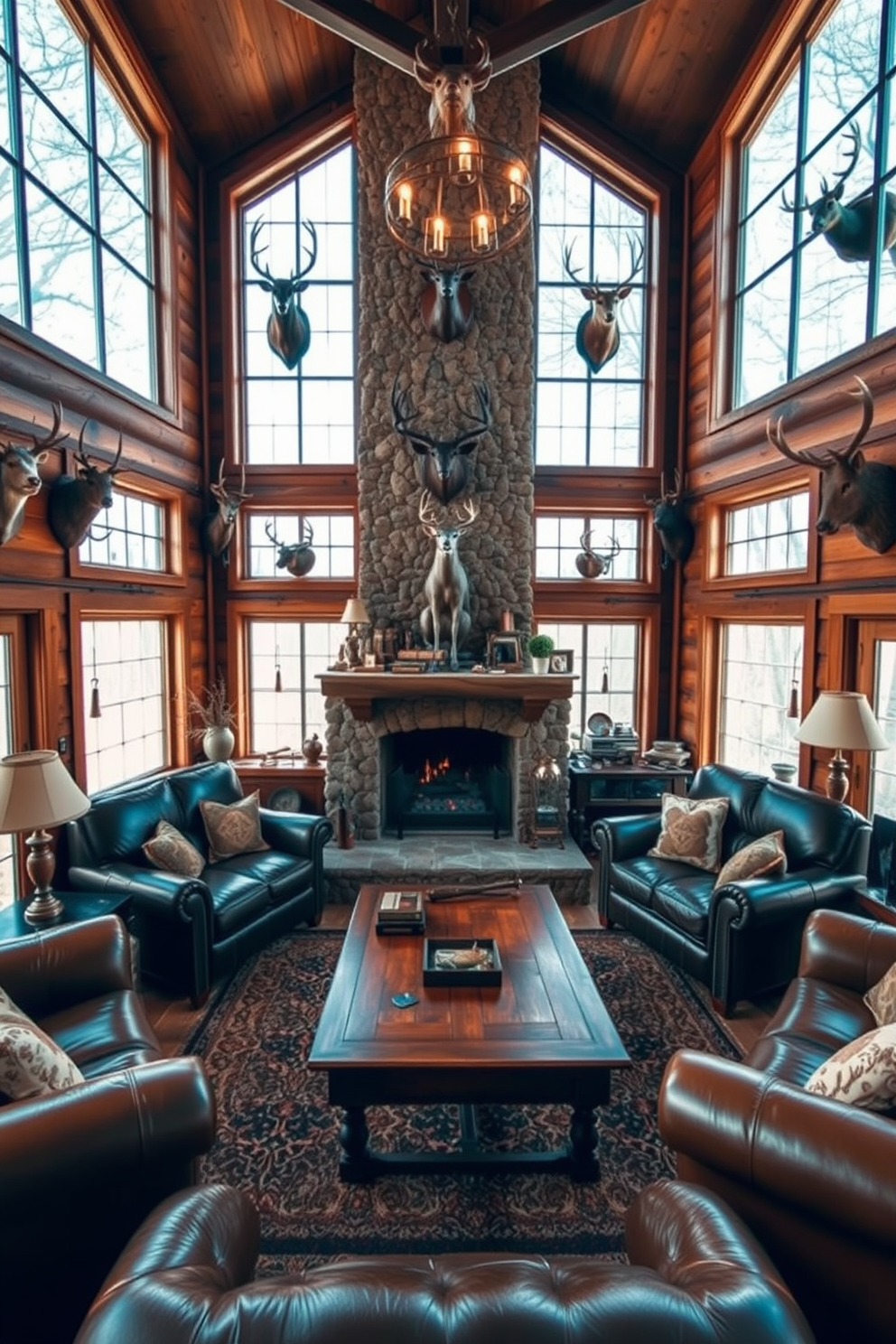 A cozy hunting man cave featuring large windows that allow natural light to flood the space. The room is adorned with rustic wood paneling, a plush leather sofa, and a stone fireplace as the focal point. Antique hunting trophies decorate the walls, adding character and charm. A wooden coffee table sits in the center, surrounded by comfortable seating, creating an inviting atmosphere for relaxation and conversation.