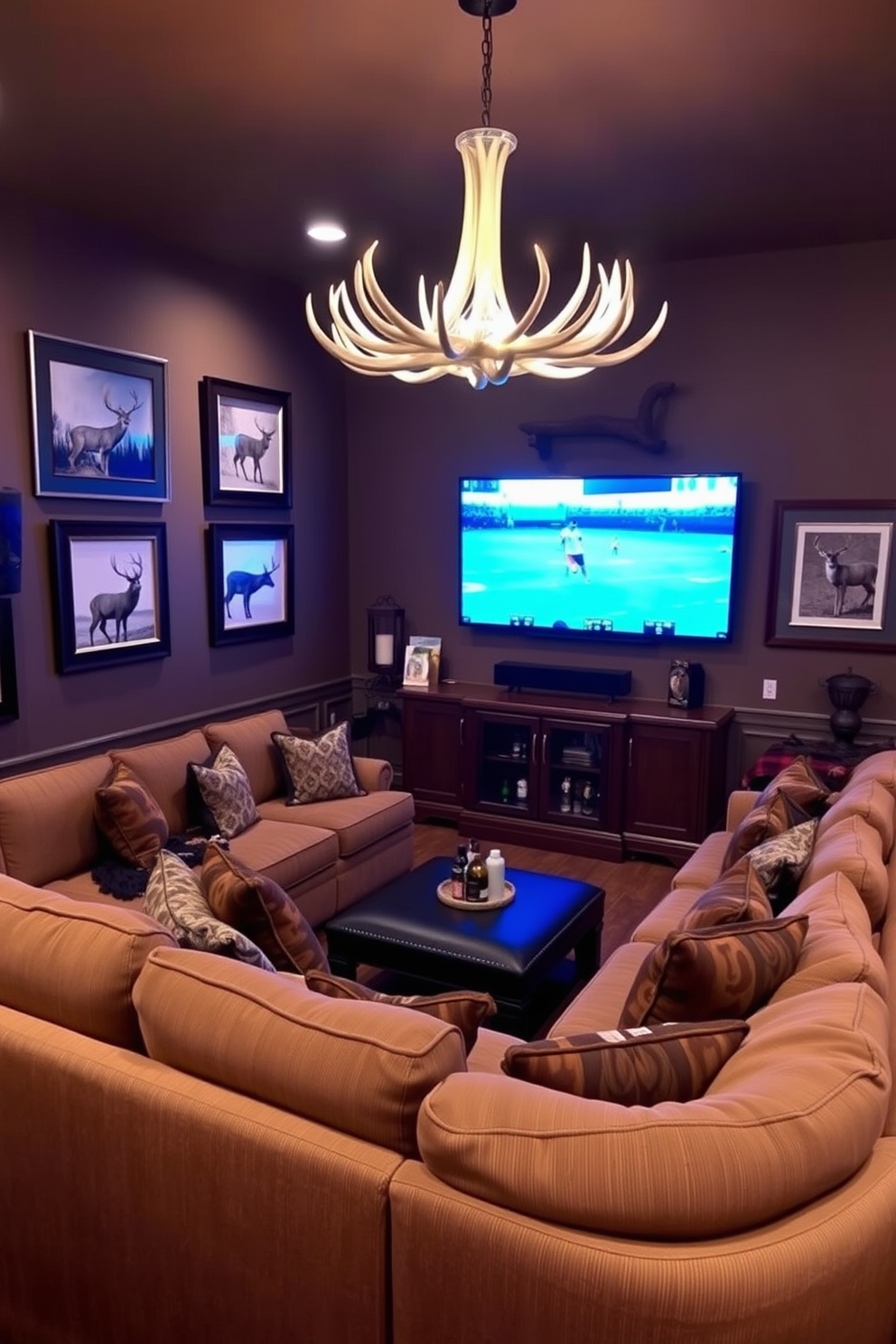 A large flat-screen TV is mounted on the wall opposite a plush sectional sofa, creating the perfect viewing area for game days. The room features rustic wooden accents and hunting-themed decor, including framed wildlife photographs and antler chandeliers. In one corner, a custom-built bar showcases a selection of spirits and snacks, inviting friends to gather and enjoy the game. The walls are painted in deep earthy tones, enhancing the cozy atmosphere of this man cave retreat.