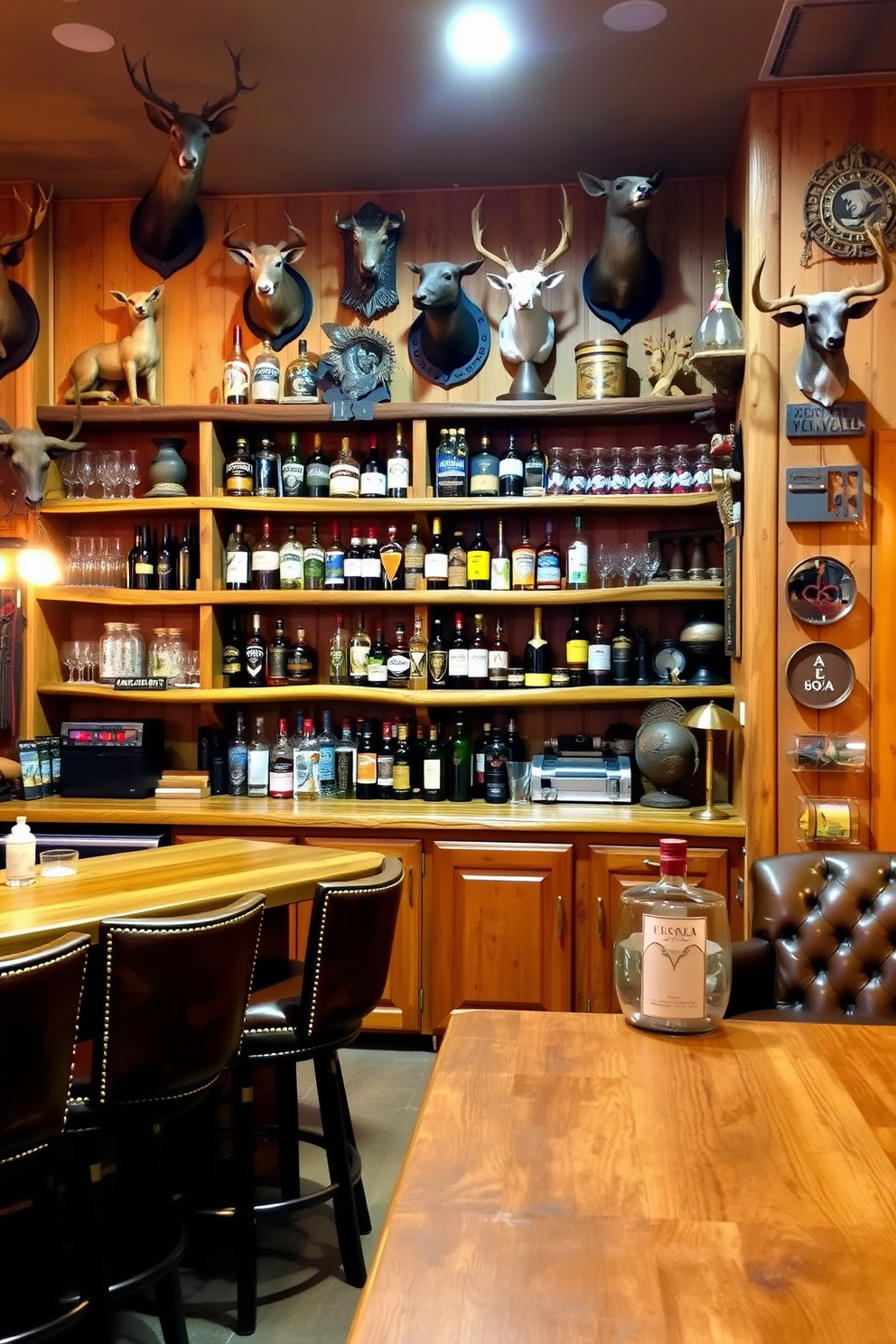 A cozy bar area featuring rustic wooden shelves filled with an assortment of spirits and glassware. The space is adorned with leather bar stools and a reclaimed wood countertop, creating an inviting atmosphere for relaxation and socializing. The man cave design incorporates hunting-themed decor with mounted animal heads and vintage hunting memorabilia. Warm lighting highlights the rich wood tones and creates a comfortable environment for entertaining friends and enjoying leisure activities.