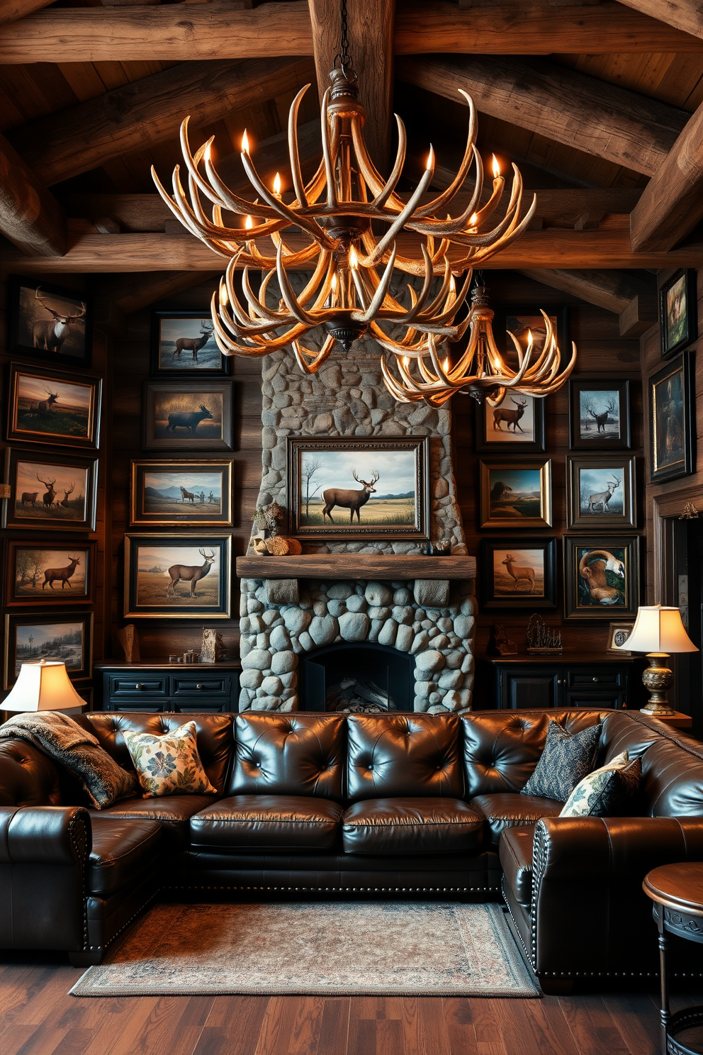 A rustic man cave adorned with hunting-themed artwork and photographs. The walls are decorated with framed pictures of wildlife and hunting scenes, showcasing a blend of vintage and contemporary styles. A large leather sofa is positioned in front of a stone fireplace, creating a cozy gathering space. Antler chandeliers hang from the ceiling, providing warm lighting that enhances the inviting atmosphere.