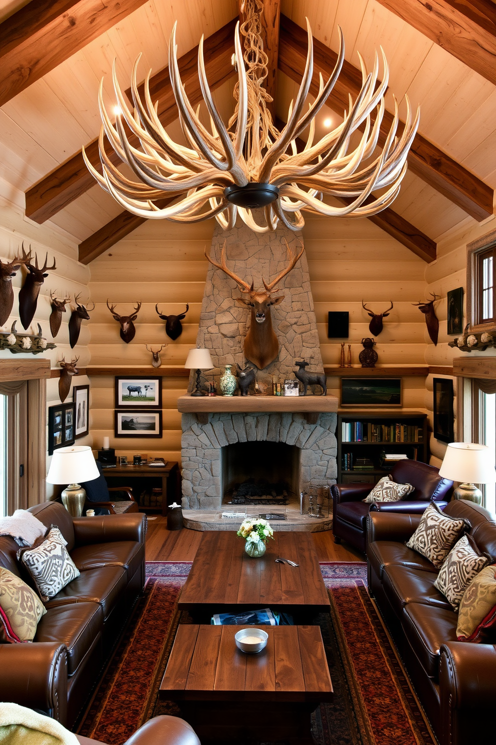 A rustic man cave featuring an impressive antler chandelier hanging from the ceiling, casting a warm glow over the space. The walls are adorned with hunting trophies and vintage photographs, creating a cozy yet adventurous atmosphere. Leather sofas are arranged around a reclaimed wood coffee table, inviting relaxation and conversation. A stone fireplace serves as a focal point, enhancing the rugged charm of the room.