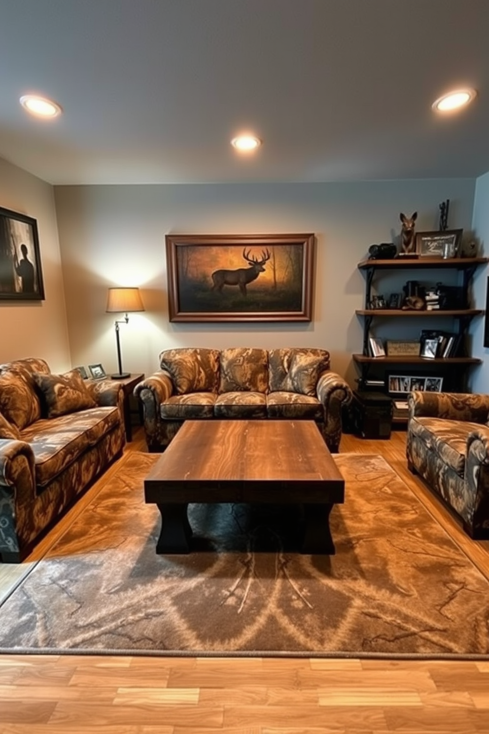 A cozy man cave featuring camouflage patterns for upholstery and decor. The walls are adorned with hunting-themed artwork, and the furniture includes a plush sofa covered in a woodland camo fabric. In the center, a rustic coffee table made from reclaimed wood sits atop a large area rug with a subtle camo design. Ambient lighting creates a warm atmosphere, while shelves display trophies and hunting gear, adding character to the space.