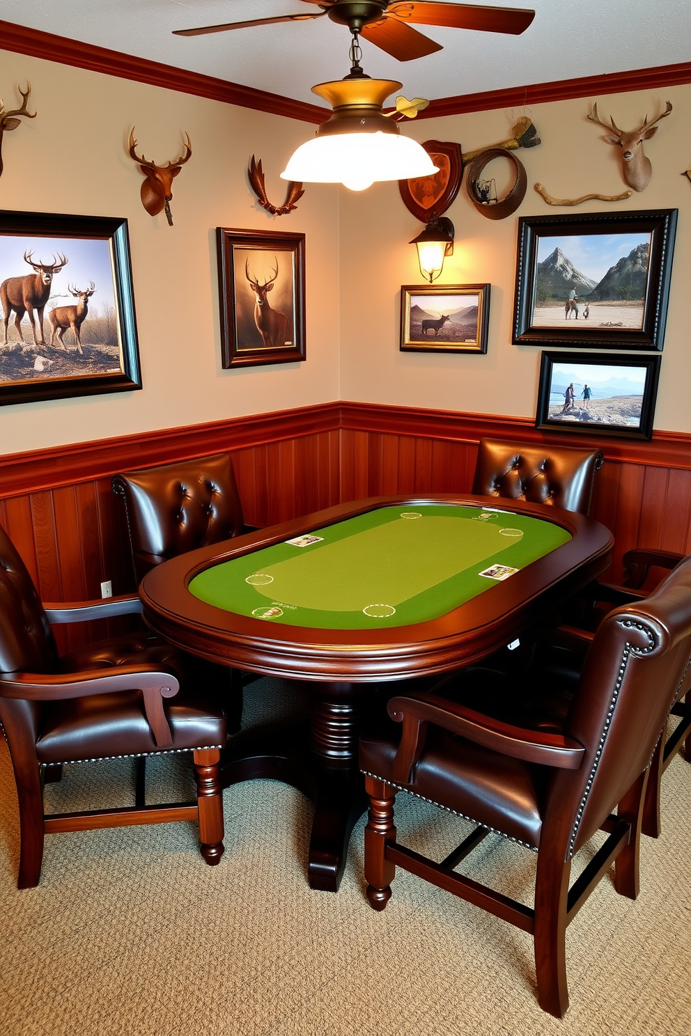 A cozy game table setup designed for poker or board games. The table features a rich mahogany finish with green felt on the surface, surrounded by plush leather chairs. The walls are adorned with vintage hunting memorabilia and framed photographs of outdoor adventures. Soft, ambient lighting from rustic fixtures creates an inviting atmosphere perfect for entertaining friends.