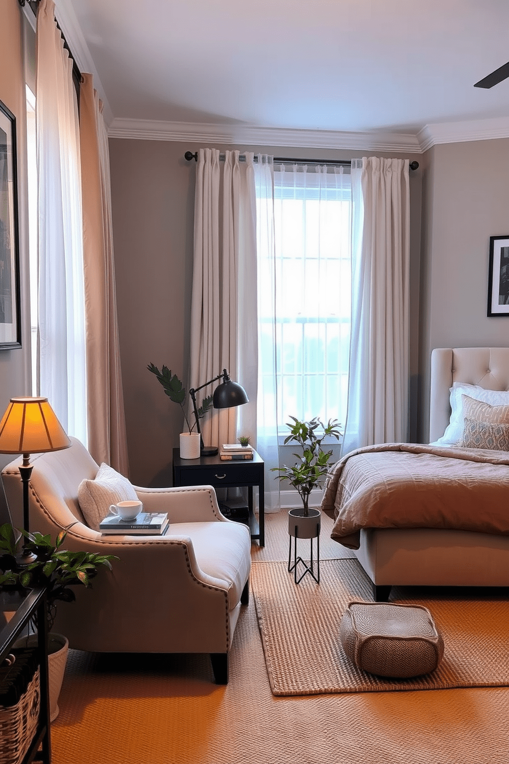 Cozy reading nook by the window. A plush armchair is positioned next to a large window, draped with soft sheer curtains that allow natural light to filter in. A small side table holds a stack of books and a steaming cup of tea. The floor is covered with a warm, textured rug, and a potted plant adds a touch of greenery to the space. In-Law bedroom design ideas. The room features a comfortable queen-sized bed with a tufted headboard and soft, neutral bedding. Nightstands on either side of the bed hold stylish lamps, and a cozy armchair sits in the corner for additional seating. The walls are painted in a calming color palette, and framed artwork adds a personal touch to the decor.