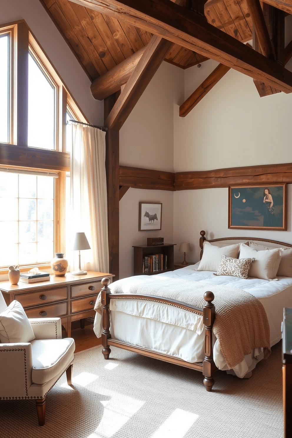 A cozy in-law bedroom featuring rustic wood beams that create a warm and inviting atmosphere. The room includes a plush queen-sized bed dressed in soft, neutral linens and flanked by vintage nightstands with rustic charm. Natural light filters through large windows adorned with sheer curtains, enhancing the serene ambiance. A comfortable reading nook with a cozy armchair and a small bookshelf adds a personal touch to the space.