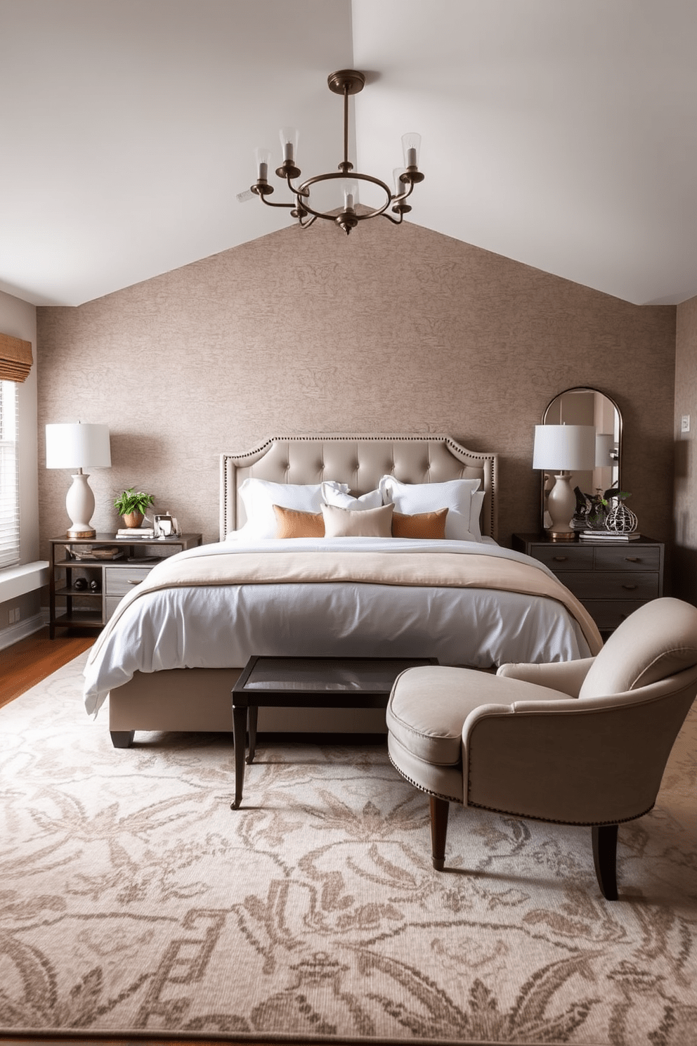 A serene in-law bedroom featuring textured wallpaper that adds depth and interest to the space. The room includes a plush queen-sized bed with soft linens and a cozy reading nook by the window. Elegant nightstands flank the bed, adorned with stylish lamps that provide soft lighting. A large area rug anchors the room, complementing the color palette of muted tones and warm accents.