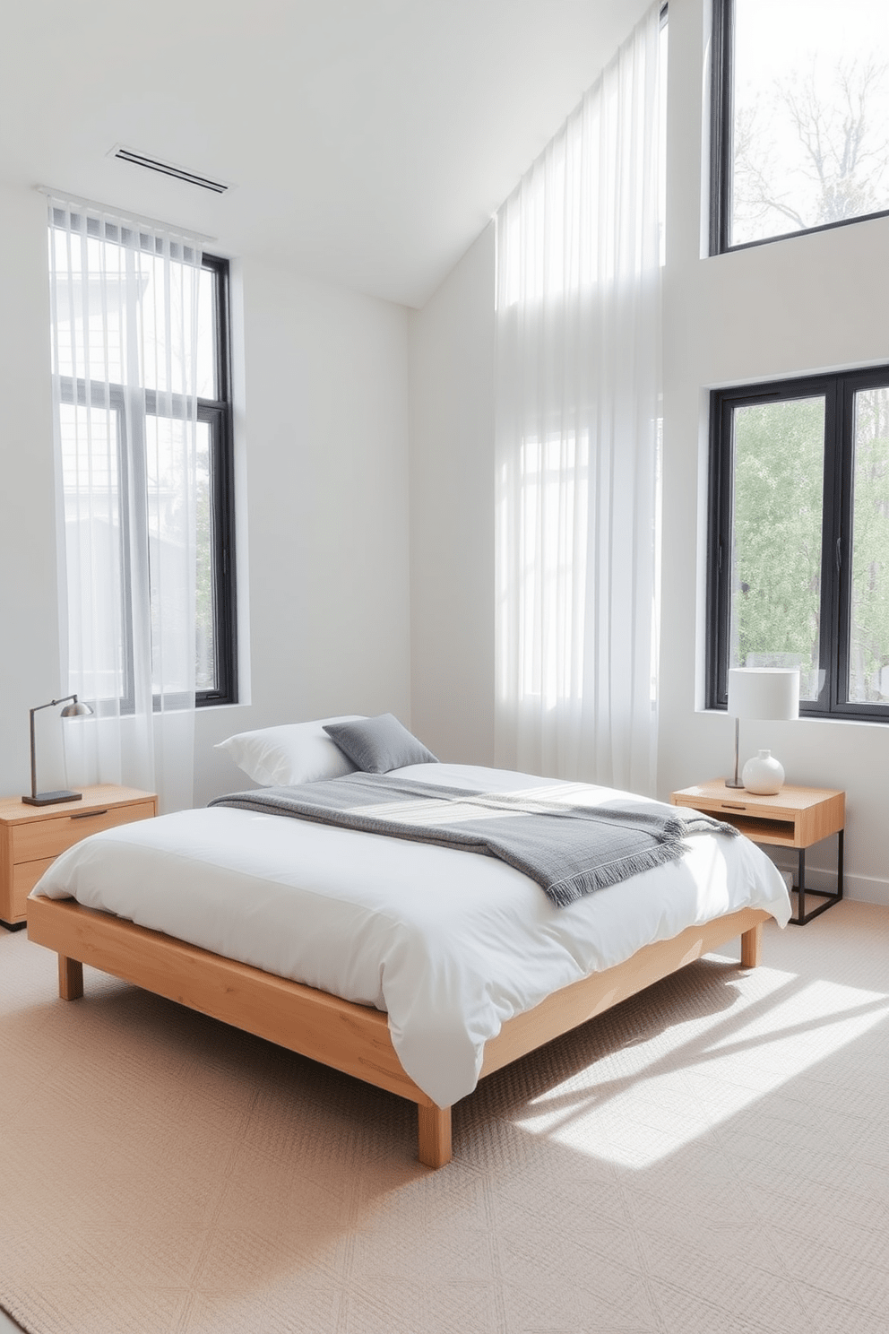 A serene in-law bedroom featuring minimalist design with clean lines. The room is adorned with a low-profile bed framed in light wood, complemented by crisp white bedding and a soft gray throw blanket. A sleek nightstand with a simple lamp sits on either side of the bed. Large windows allow natural light to flood the space, while sheer curtains gently diffuse the sunlight.