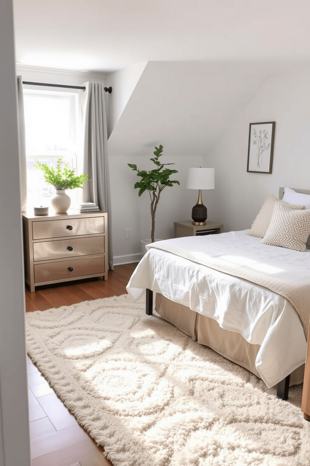 A serene in-law bedroom featuring a soft area rug that adds warmth and comfort underfoot. The space is adorned with a cozy bed dressed in neutral linens and accented with plush throw pillows.