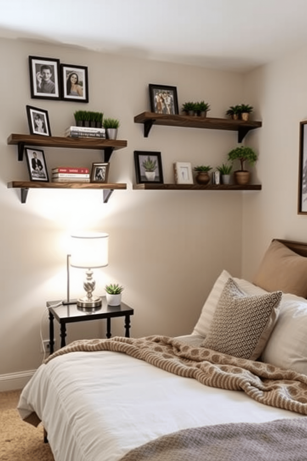 A cozy in-law bedroom featuring wall-mounted shelves for decorative displays. The shelves are adorned with family photos, books, and small potted plants, creating a warm and inviting atmosphere. The bed is dressed in soft, neutral linens with a plush throw blanket. A bedside table with a stylish lamp complements the overall design, providing both functionality and charm.