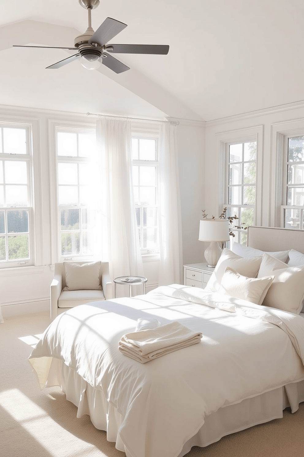 A bright and airy in-law bedroom features soft white walls that reflect natural light. The bedding consists of light pastel colors, creating a serene and welcoming atmosphere. Large windows with sheer curtains allow sunlight to flood the room, enhancing the feeling of openness. A cozy seating area with a light-colored armchair and a small side table invites relaxation and comfort.