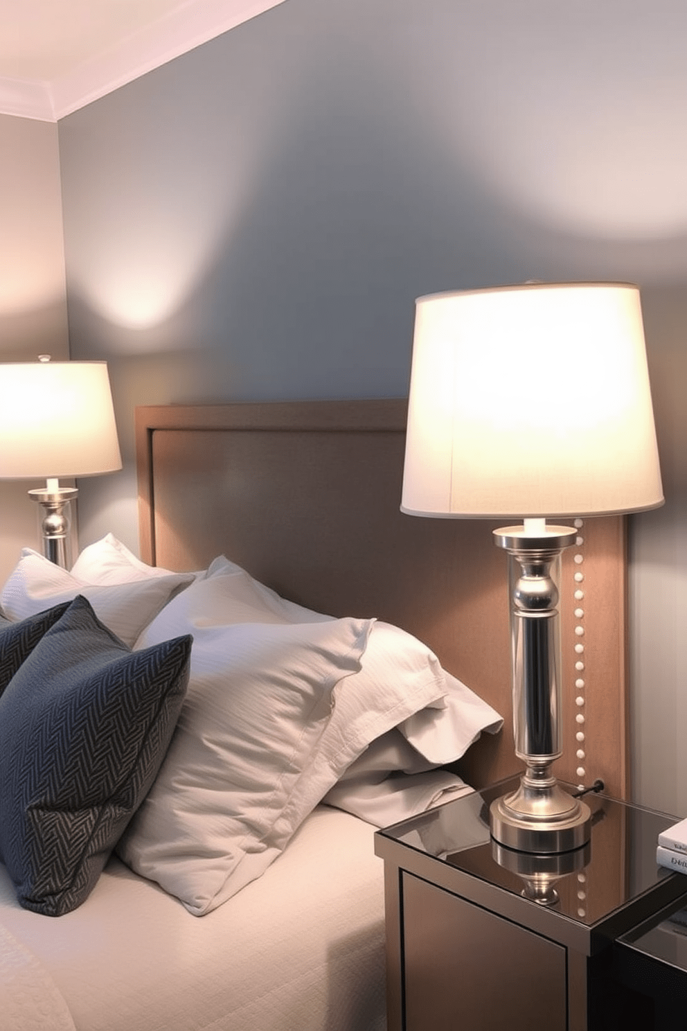 Stylish bedside lamps for ambiance. The lamps have elegant bases in brushed nickel with soft fabric shades that emit a warm glow, creating a cozy atmosphere. In-Law Bedroom Design Ideas. The room features a comfortable queen-sized bed with a plush headboard, complemented by a soothing color palette of soft blues and grays.