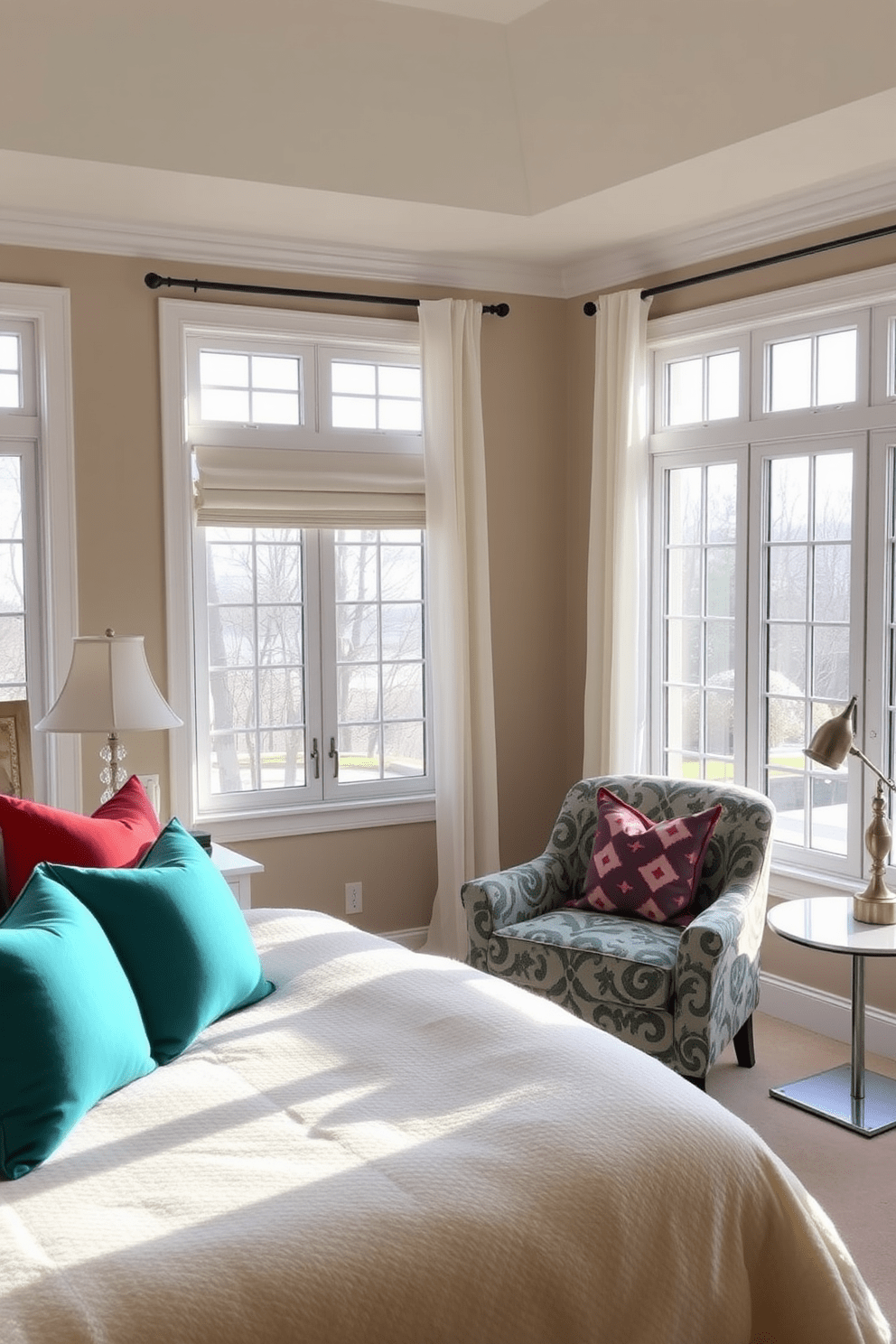 A serene in-law bedroom featuring neutral tones with colorful accents. The walls are painted in a soft beige, complemented by a plush cream-colored bedspread adorned with vibrant throw pillows in shades of teal and coral. Natural light floods the room through large windows dressed with sheer white curtains. A cozy reading nook is created with a comfortable armchair in a bold pattern, positioned beside a small side table and a whimsical lamp.