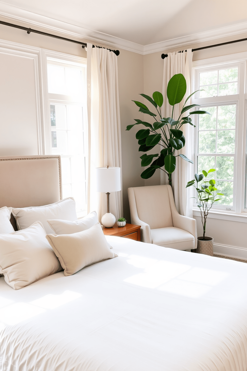 A serene in-law bedroom featuring a comfortable queen-sized bed with a plush headboard. Soft neutral tones dominate the decor, complemented by cozy bedding and a pair of decorative pillows. Natural light floods the room through large windows adorned with light, airy curtains. On one side, a small seating area includes a stylish armchair and a side table, creating a welcoming space for relaxation. Indoor plants are thoughtfully arranged throughout the room to enhance the fresh air and decor. A tall fiddle leaf fig stands in one corner, while smaller succulents adorn the bedside tables, adding a touch of greenery and life.