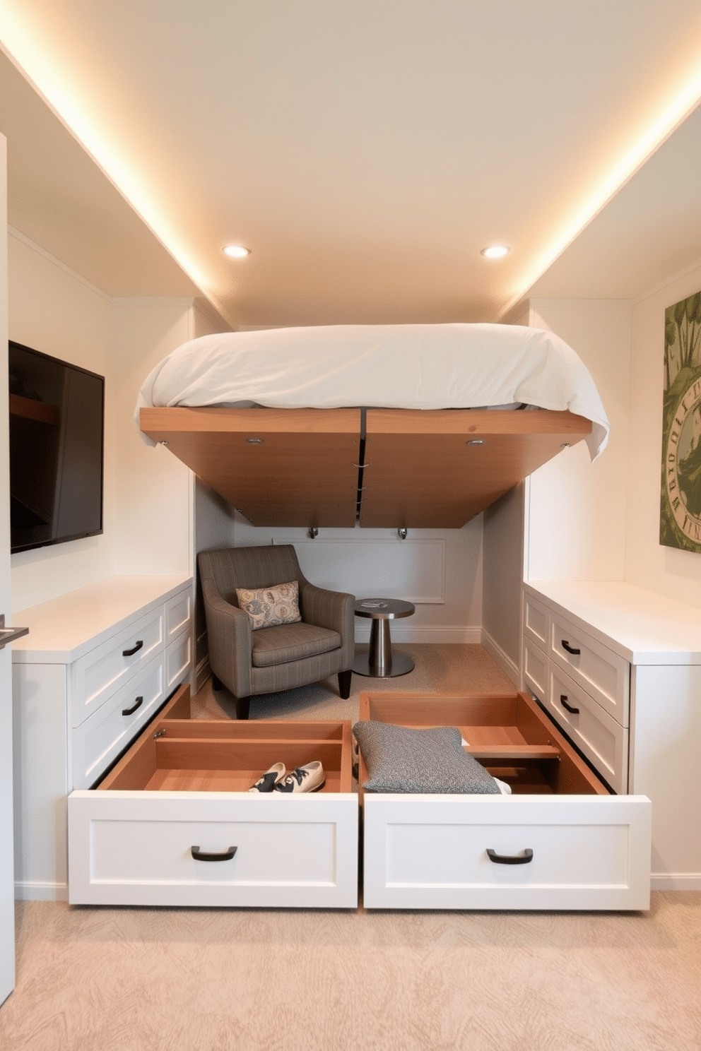 A cozy in-law bedroom featuring smart storage solutions under the bed. The bed is raised to reveal drawers and compartments, maximizing space while maintaining a clean aesthetic. The room is designed with soft neutral colors and warm lighting to create a welcoming atmosphere. A comfortable armchair sits in the corner, paired with a small side table for added functionality.