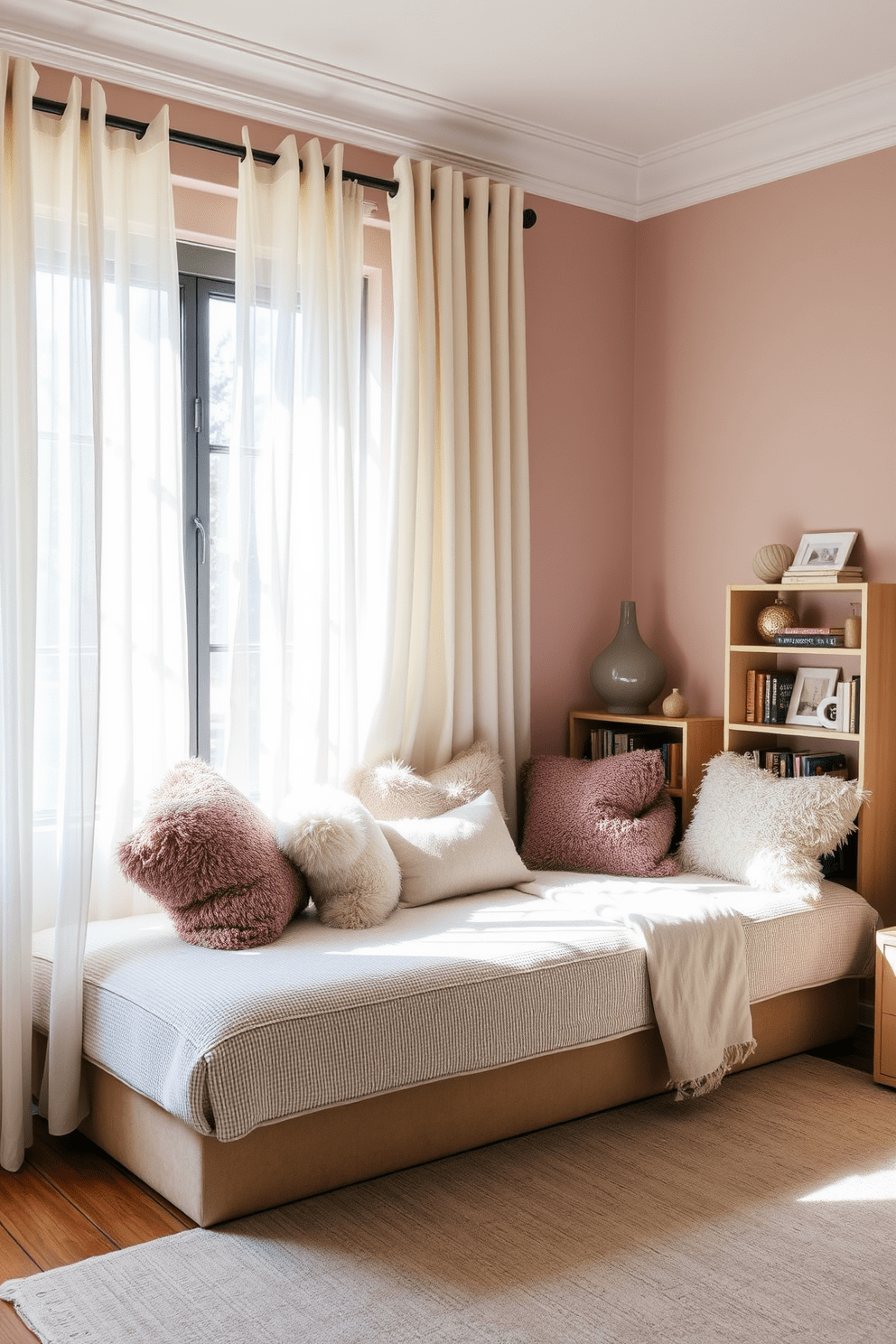 A comfortable daybed is positioned against a soft pastel wall, adorned with fluffy cushions in various textures. Natural light floods the room through sheer curtains, creating a warm and inviting atmosphere. The space features a cozy reading nook with a small bookshelf beside the daybed, filled with an assortment of books and decorative items. A neutral area rug anchors the seating area, adding warmth and style to the in-law bedroom design.