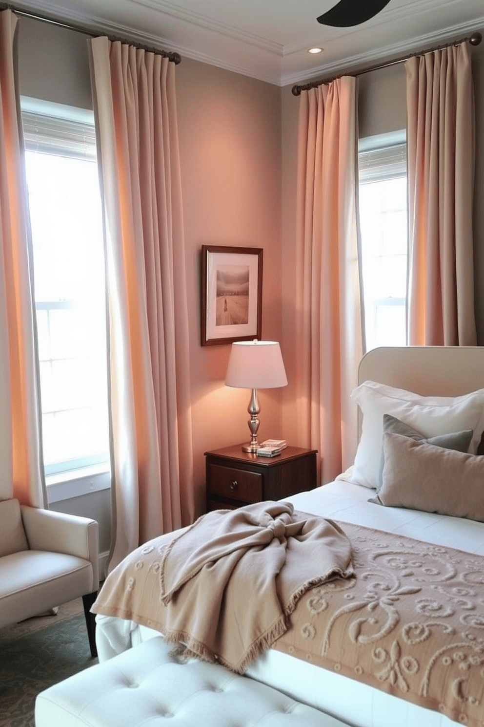 A cozy in-law bedroom featuring soft drapes that elegantly frame the windows, allowing for light control while enhancing the room's aesthetic. The bed is adorned with plush pillows and a luxurious throw blanket, creating a welcoming and comfortable atmosphere. The color palette includes warm neutrals and soft pastels, complemented by a stylish bedside table with a decorative lamp. A comfortable armchair sits in the corner, inviting relaxation and providing an additional seating option for guests.