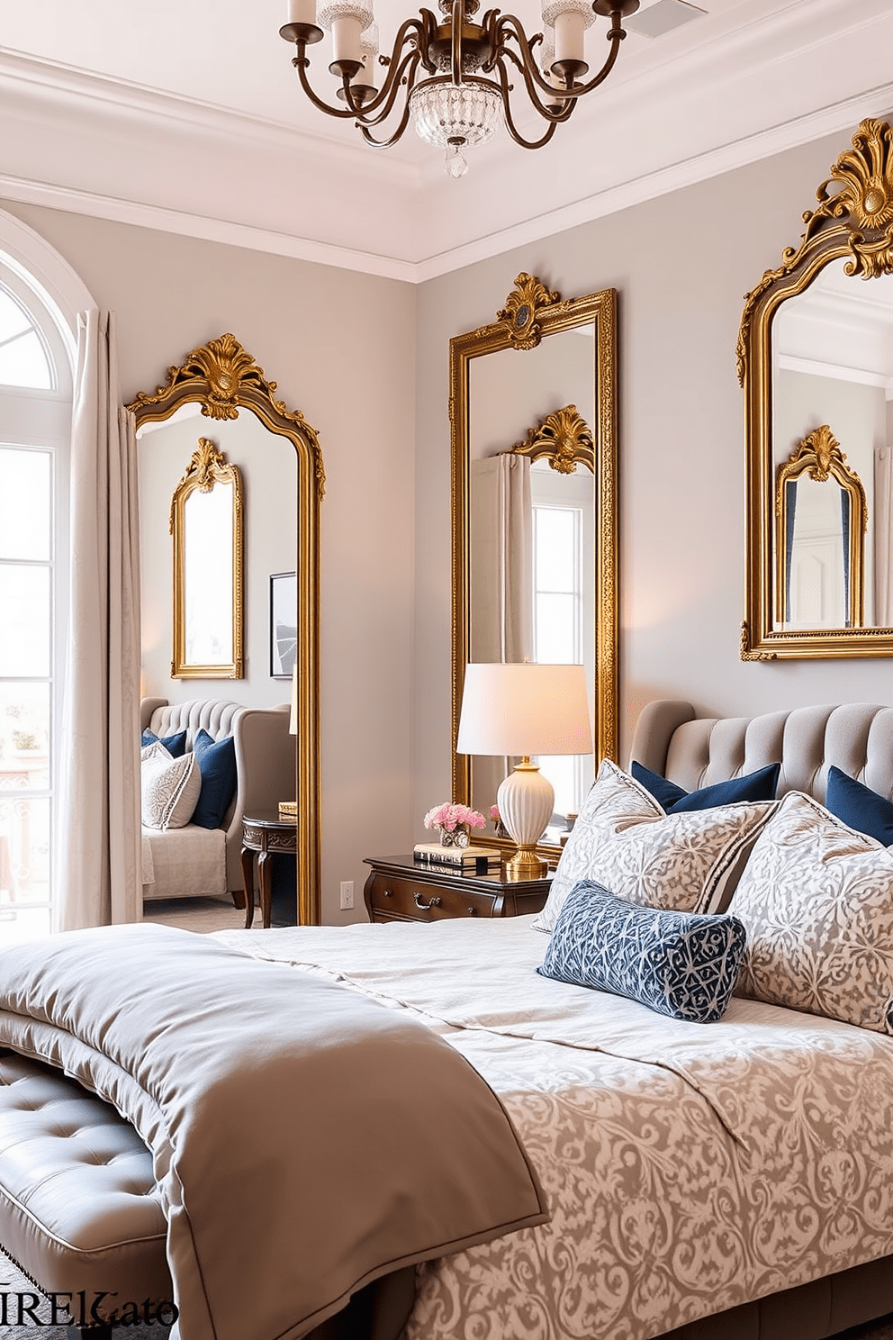 Elegant mirrors to enhance space perception. The room features large, ornate mirrors that reflect natural light, creating an airy and spacious atmosphere. In-Law Bedroom Design Ideas. The bedroom is designed with a cozy color palette, including soft blues and warm grays, complemented by plush bedding and stylish furnishings.