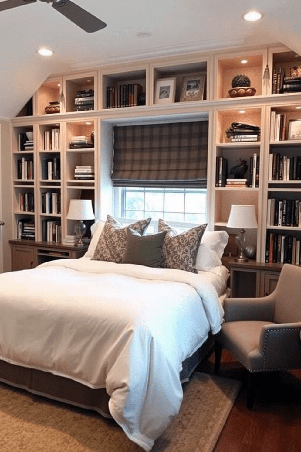 A cozy in-law bedroom featuring built-in bookshelves that create a warm and inviting atmosphere. The shelves are filled with books and decorative items, providing a personal touch to the space. The bedroom includes a comfortable queen-sized bed with soft linens and plush pillows. A small seating area with a cozy armchair and a side table is placed near the window, allowing for relaxation and reading.