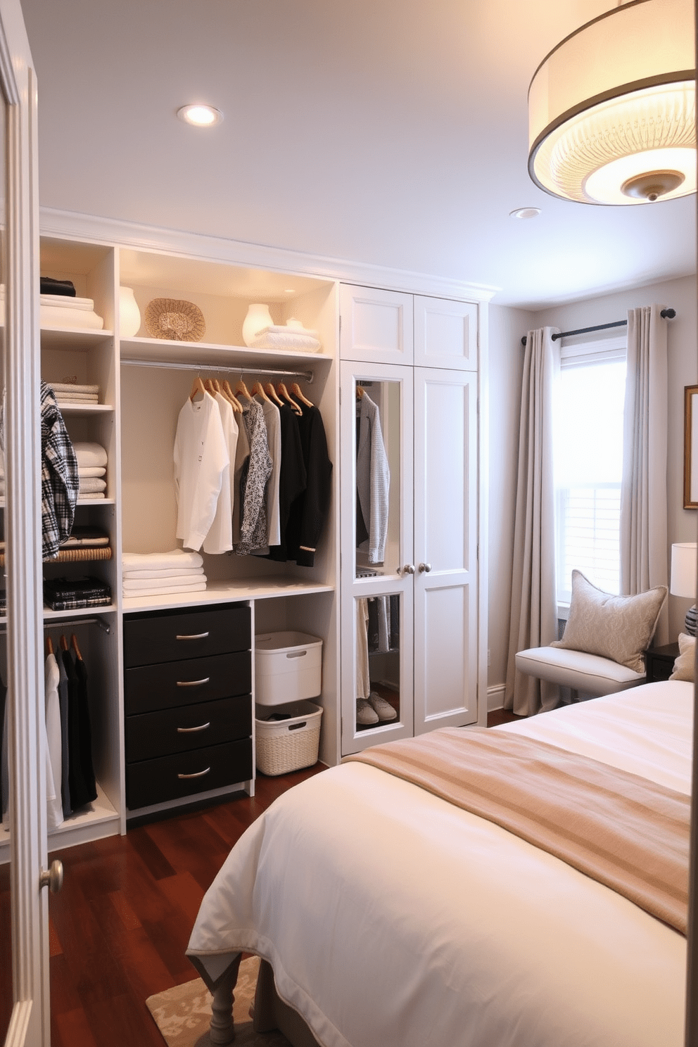 Spacious walk-in closet for storage. The closet features custom shelving and hanging space with elegant lighting that highlights the organized layout. In-Law bedroom design ideas. The room includes a comfortable queen-sized bed with soft linens, a cozy reading nook by the window, and tasteful artwork on the walls.