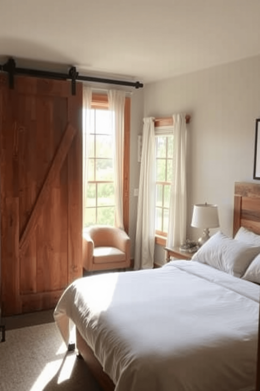 A cozy in-law bedroom featuring a sliding barn door for space-saving entry. The room includes a comfortable queen-sized bed with soft linens and a rustic wooden headboard. Natural light floods the space through a large window adorned with sheer curtains. A small seating area with an armchair and a side table complements the inviting atmosphere.