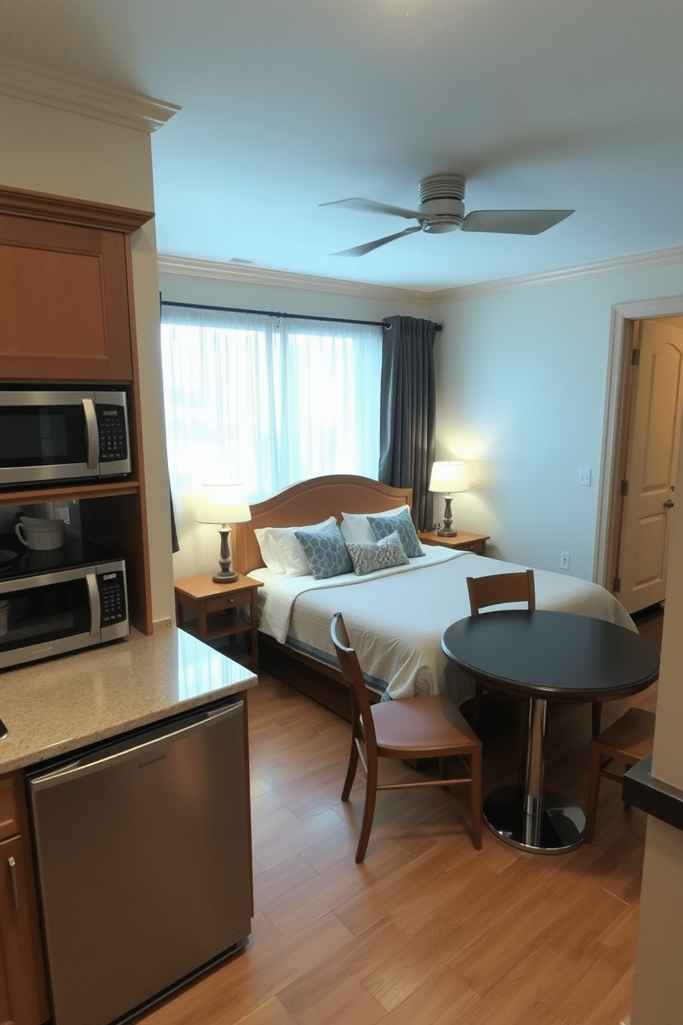 A cozy in-law bedroom featuring a small kitchenette area. The kitchenette includes a compact refrigerator, a microwave, and a small sink, all integrated into custom cabinetry with a warm wood finish. The sleeping area has a queen-sized bed with plush bedding and decorative pillows. Soft lighting from bedside lamps creates an inviting atmosphere, while a small dining table for two sits next to a window with sheer curtains.