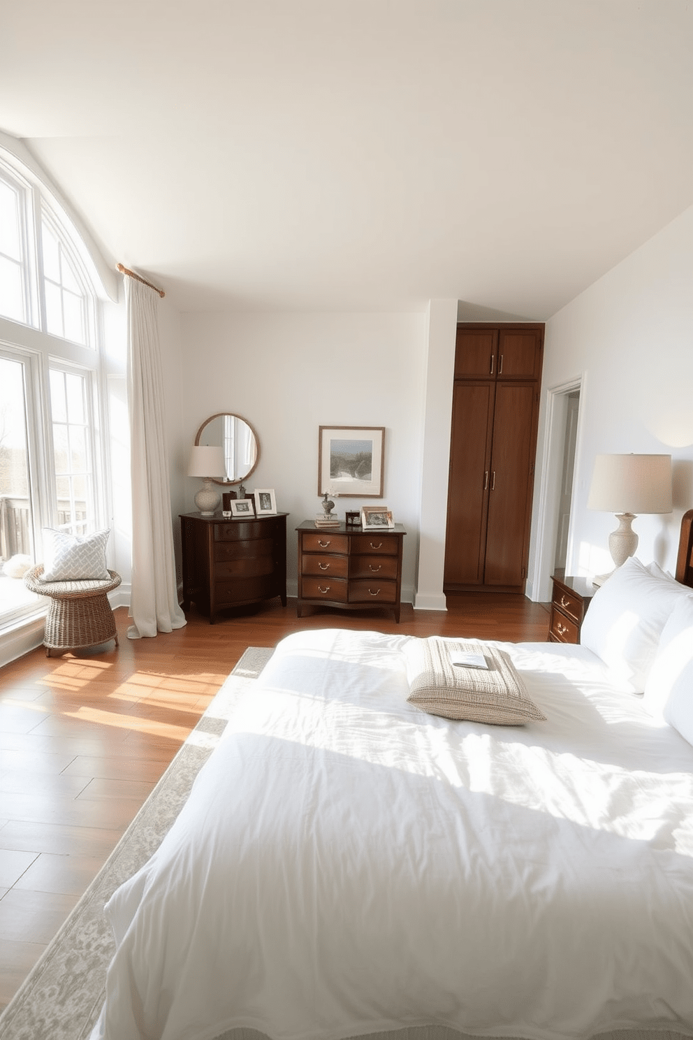 A serene in-law bedroom filled with natural light streaming through large windows. The room features a comfortable queen-sized bed with soft linens and a cozy reading nook by the window. Light-colored walls enhance the airy feel, while a stylish area rug adds warmth to the hardwood floor. A wooden dresser and bedside tables complement the space, with decorative lamps providing gentle illumination.