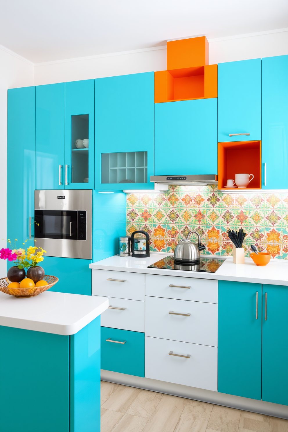 A modern modular kitchen featuring vibrant colors with sleek cabinetry and bold accents. The countertops are a bright quartz, and the backsplash is adorned with colorful tiles that reflect traditional Indian patterns.