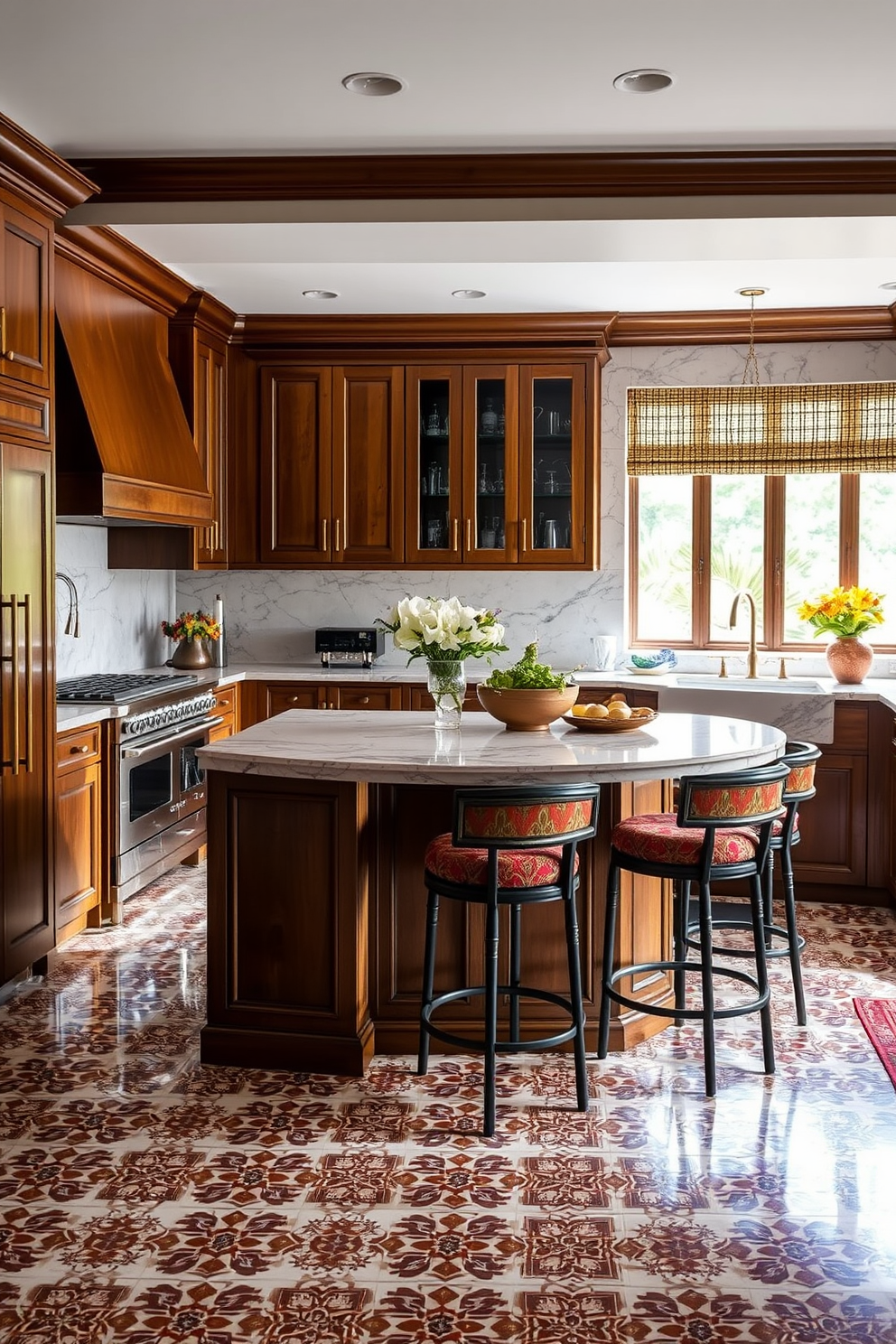 An elegant kitchen featuring stunning marble countertops that reflect natural light beautifully. The cabinetry is a rich wood finish, complemented by brass hardware that adds a touch of sophistication. The kitchen island serves as a focal point, with bar stools arranged around it for casual dining. Traditional Indian design elements are incorporated through intricate tile patterns and vibrant textiles that enhance the overall aesthetic.