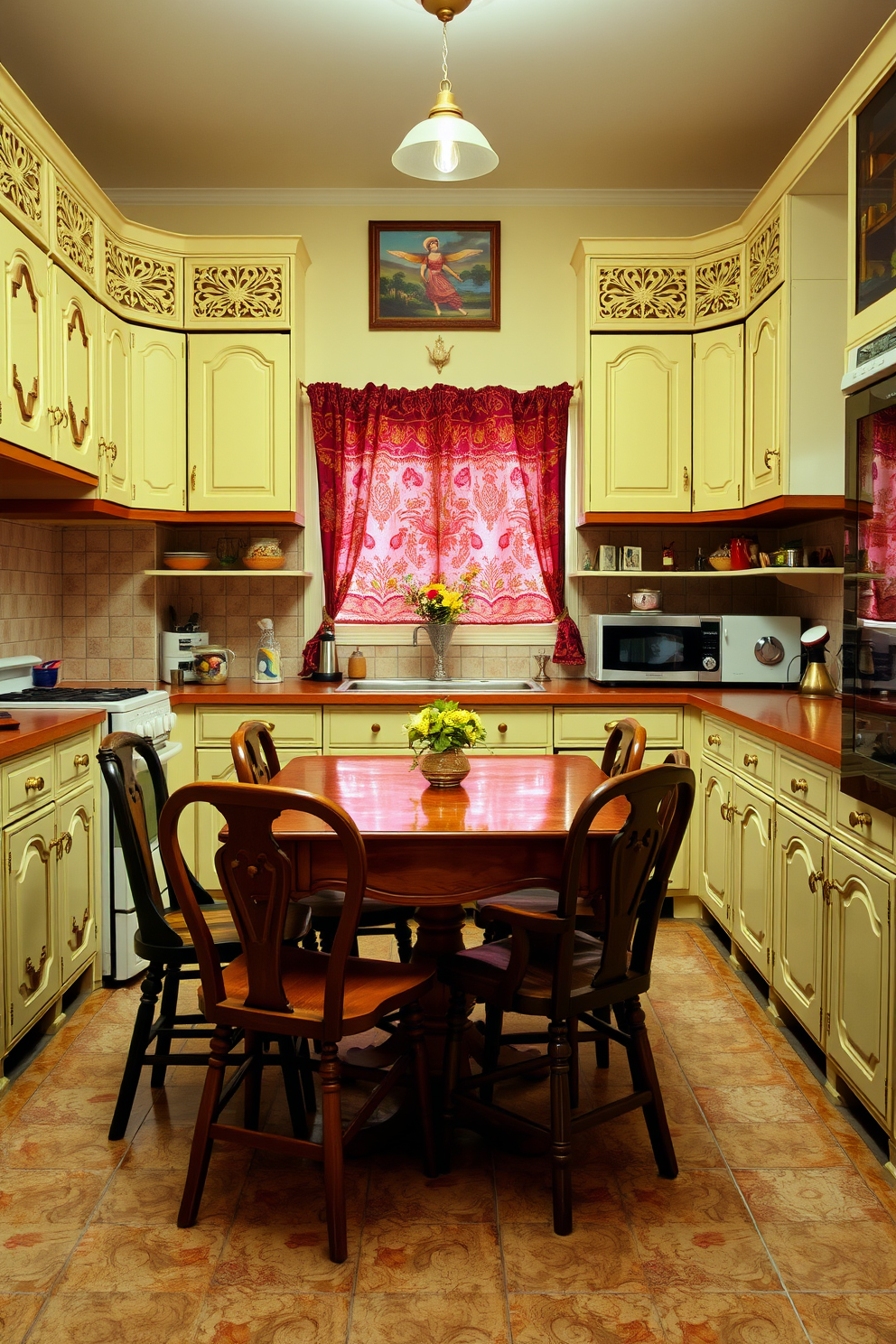 A vintage style Indian kitchen features retro appliances that evoke a sense of nostalgia. The cabinetry is painted in soft pastel colors, complemented by intricate wooden carvings and brass handles. An antique dining table sits at the center, surrounded by mismatched chairs that add character. The walls are adorned with traditional Indian artwork, and vibrant textiles drape over the windows, enhancing the warm ambiance.