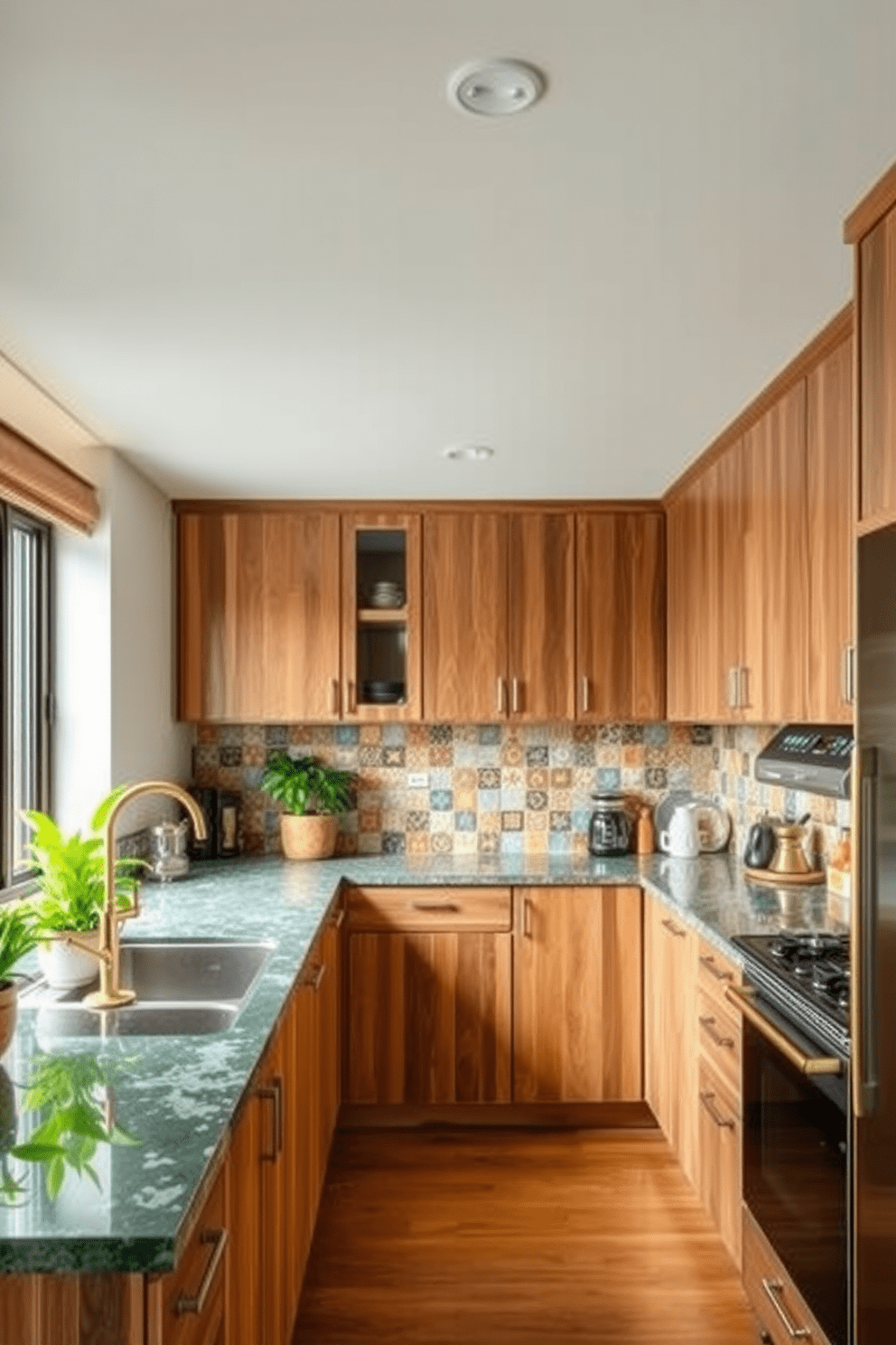 A spacious eco-friendly kitchen featuring sustainable materials. The cabinets are made from reclaimed wood and the countertops are crafted from recycled glass, creating a stylish yet environmentally conscious space. Bright green plants are placed on the windowsill, bringing a touch of nature indoors. Energy-efficient appliances are seamlessly integrated into the design, showcasing modern functionality while minimizing environmental impact. This Indian kitchen design incorporates traditional elements with a contemporary twist. Colorful tiles adorn the backsplash, and brass fixtures add a warm, inviting touch to the overall aesthetic.