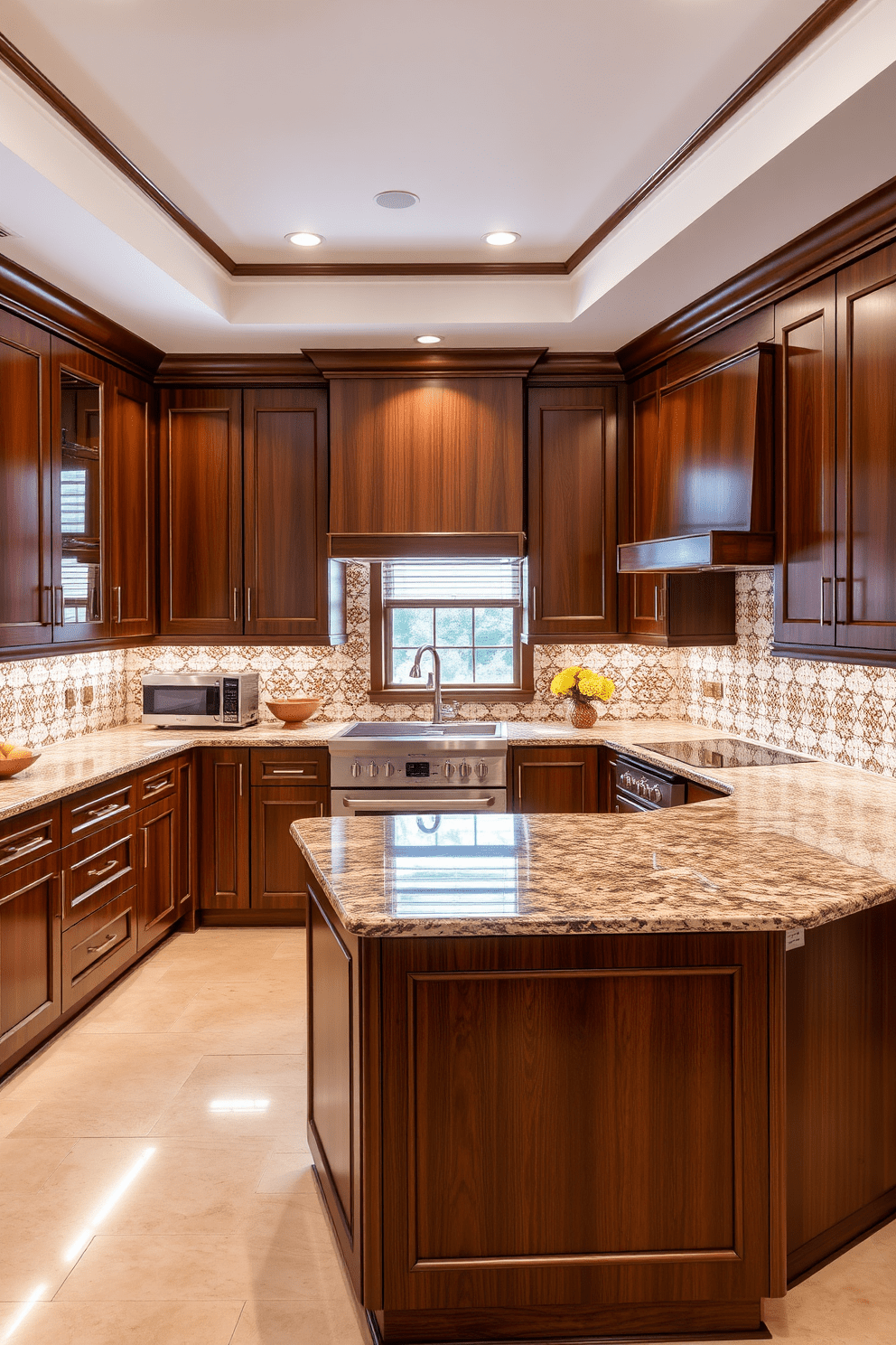 An elegant U-shaped kitchen designed for functionality features sleek cabinetry in a rich walnut finish. The countertops are made of polished granite with subtle veining, providing ample prep space and a sophisticated look. Incorporating traditional Indian design elements, the kitchen showcases intricate tile work as a backsplash, adding vibrant color and texture. A large island in the center serves as both a cooking area and a casual dining space, enhancing the kitchen's usability.