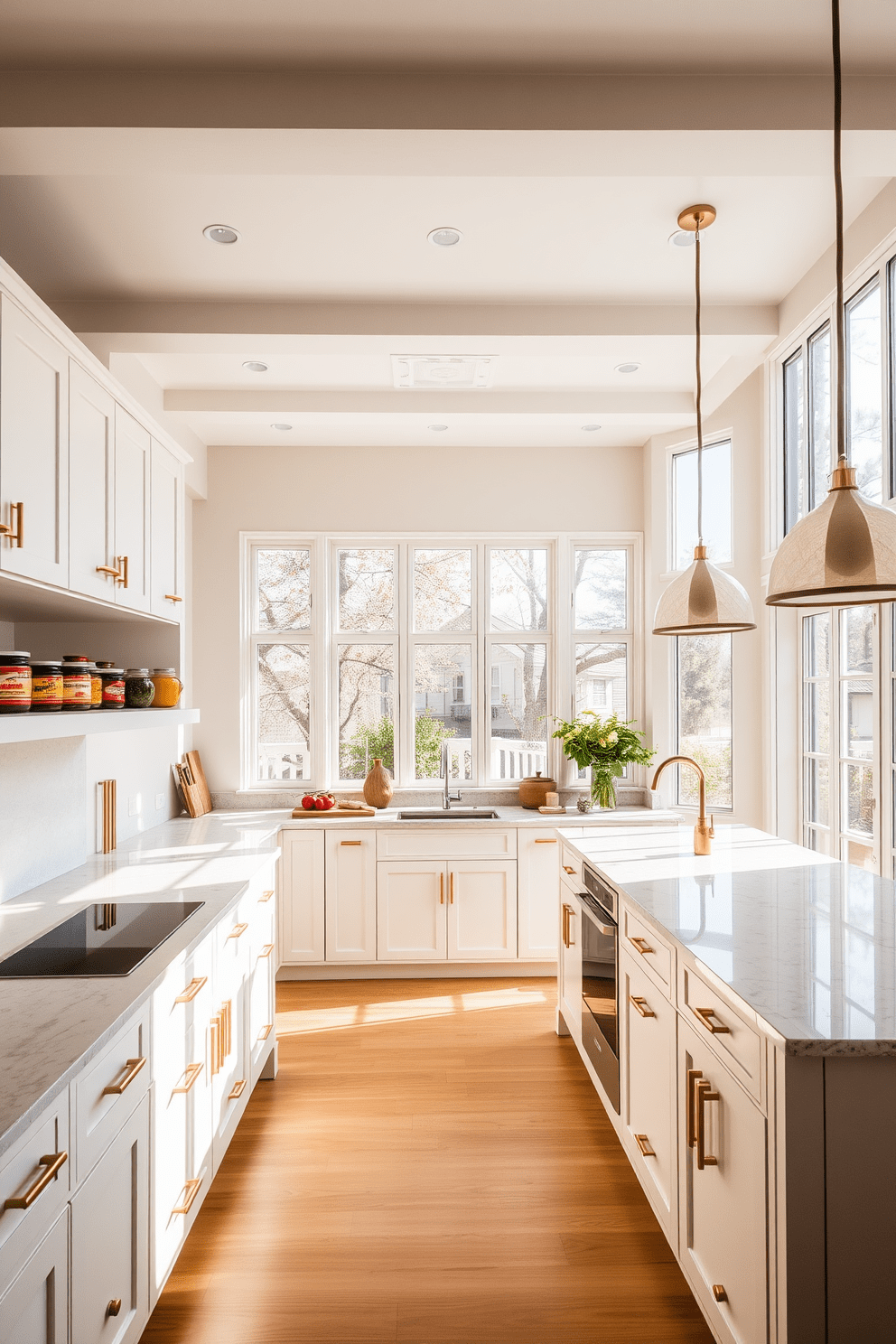 A bright kitchen filled with ample natural light. The space features white cabinets with gold hardware and a large island topped with a light-colored quartz countertop. Large windows allow sunlight to flood the room, illuminating the open layout. Vibrant spices and colorful pots are displayed on the shelves, adding warmth and character to the Indian kitchen design.